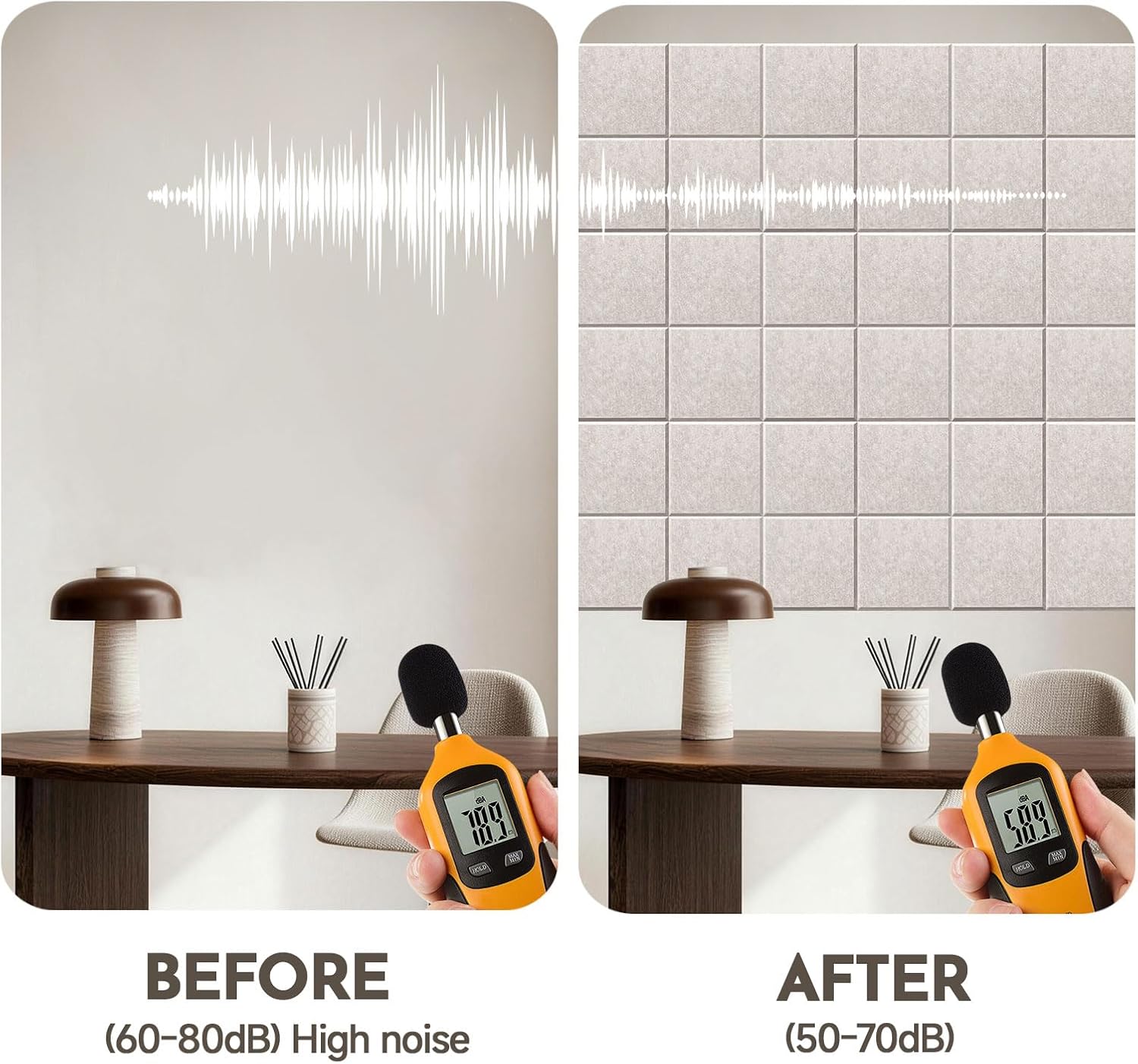 MISSDAY Oatmeal Acoustic Wall Panel Felt Bulletin Board 48" x 36" Cork Board for Wall, 12-Pack Boards with 72 Removable Adhesive Tabs, 50 Pins, Pin Board for Home Office Classroom Soundproof Wall Tile