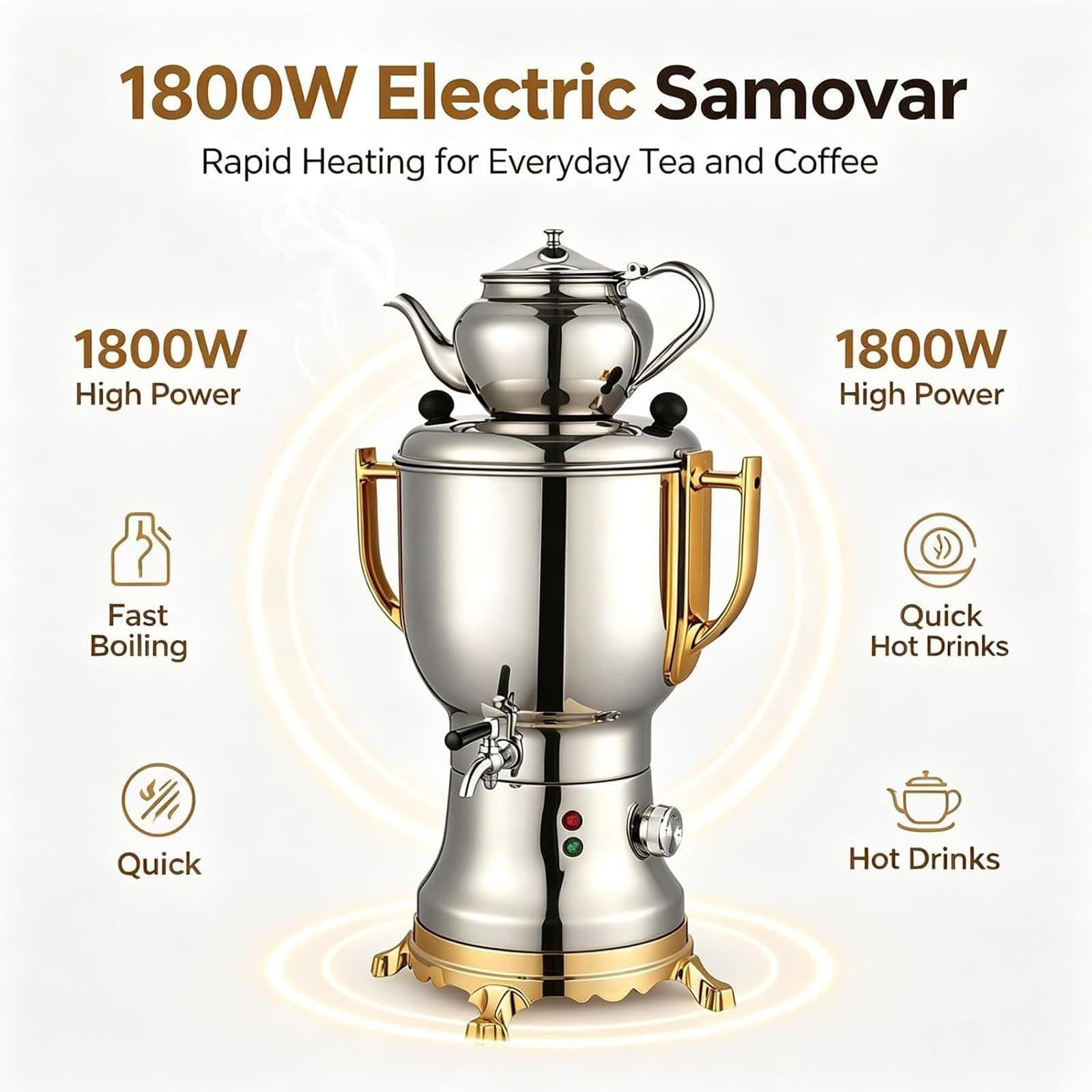 Samovar Elettrico 1800W, Macchina for Turco 4 Litri, Acciaio Inossidabile