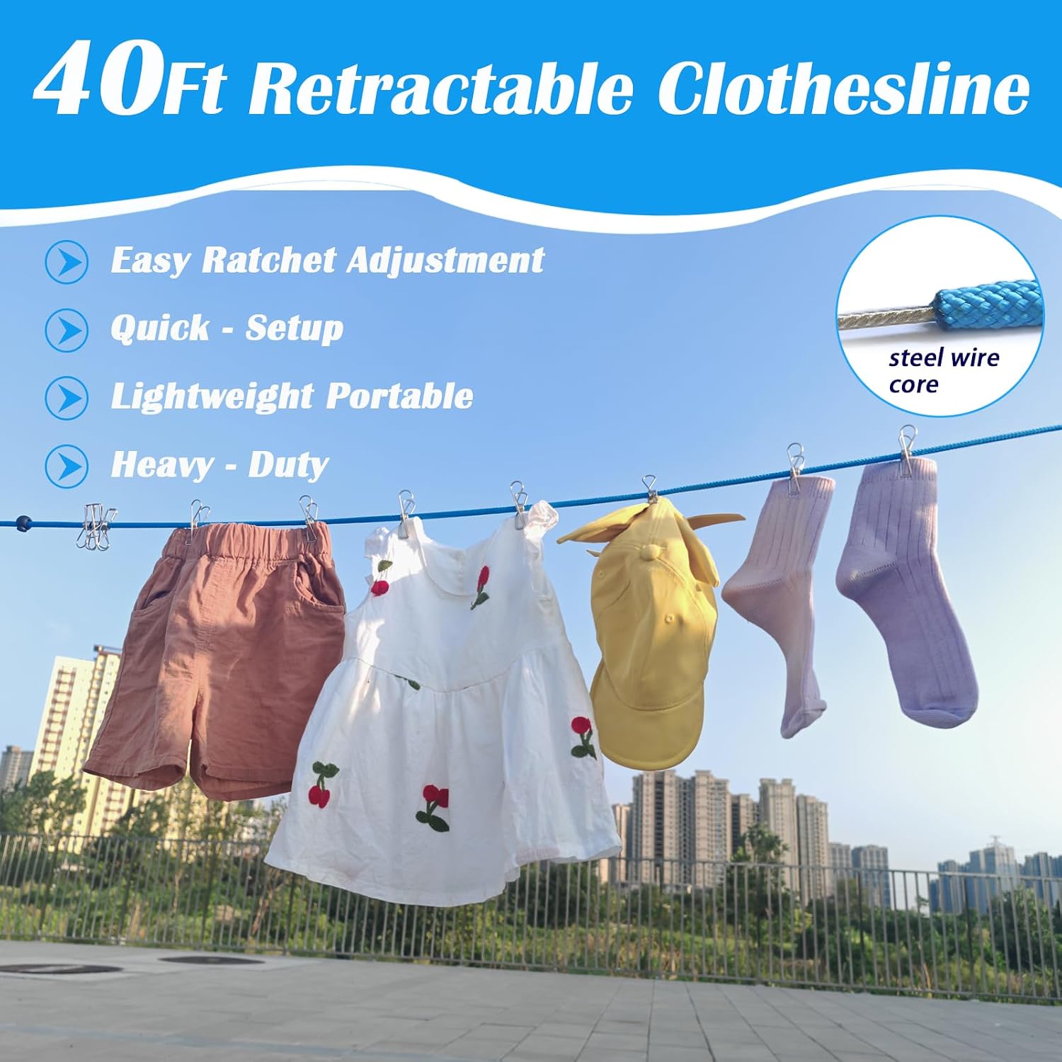 40FT Retractable Clothesline Outdoor 1/4" Polyester Coated Steel Core Rope