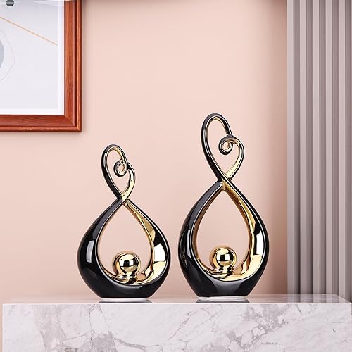 Miniatura 7 de Arte moderno para decoración del hogar, juego de 2 piezas de escultura abstracta de cerámica, decoración de estatua negra y dorada, hermosa