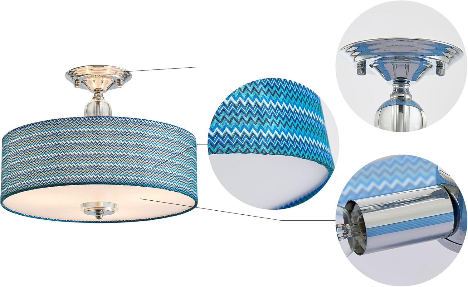 Shrine Lighting Durm Chandeliers, Modern Design, Perfect Close to Ceiling Light for Living Space, D16'' x H11'', E12*3 Sockets, Dark Blue Lampshade & Chrome Finish Frame