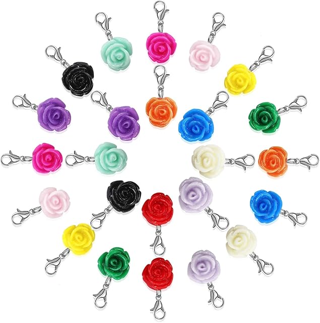Uooker 24PCS Rose Charms Pendant in 12 Colors Resin Rose Flower Pendant with Zinc Lobster Clasp for Earrings Bracelets Necklace DIY Jewelry Pendant DIY Crafts Making
