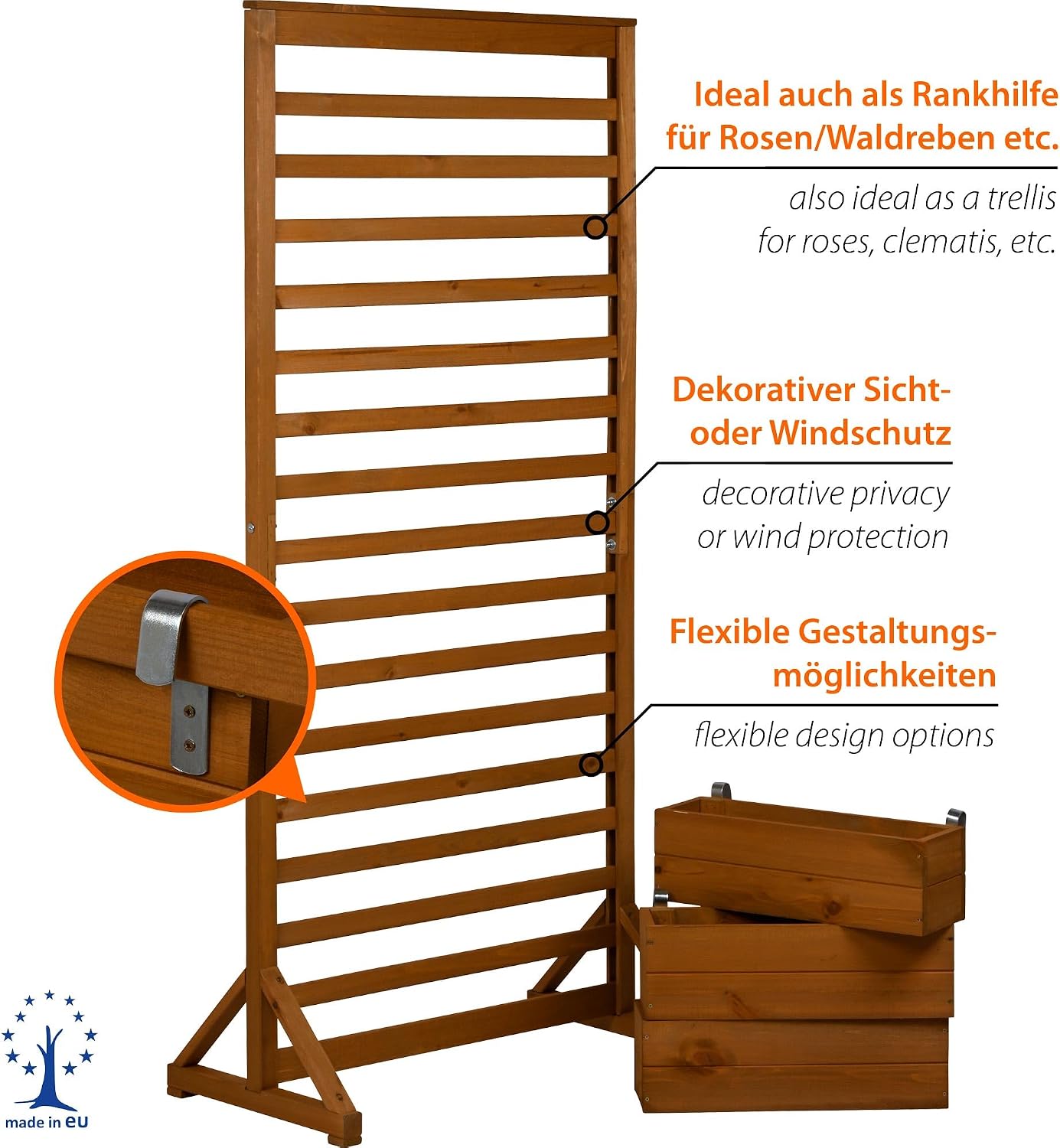 dobar® Wooden Screen Trellis with Planters - Freestanding Trellis Wall as Privacy Screen & Room Divider for Garden, Balcony & Patio - Trellis for Climbing Plants with 3 Flower Boxes - 75 x 40 x 16 cm