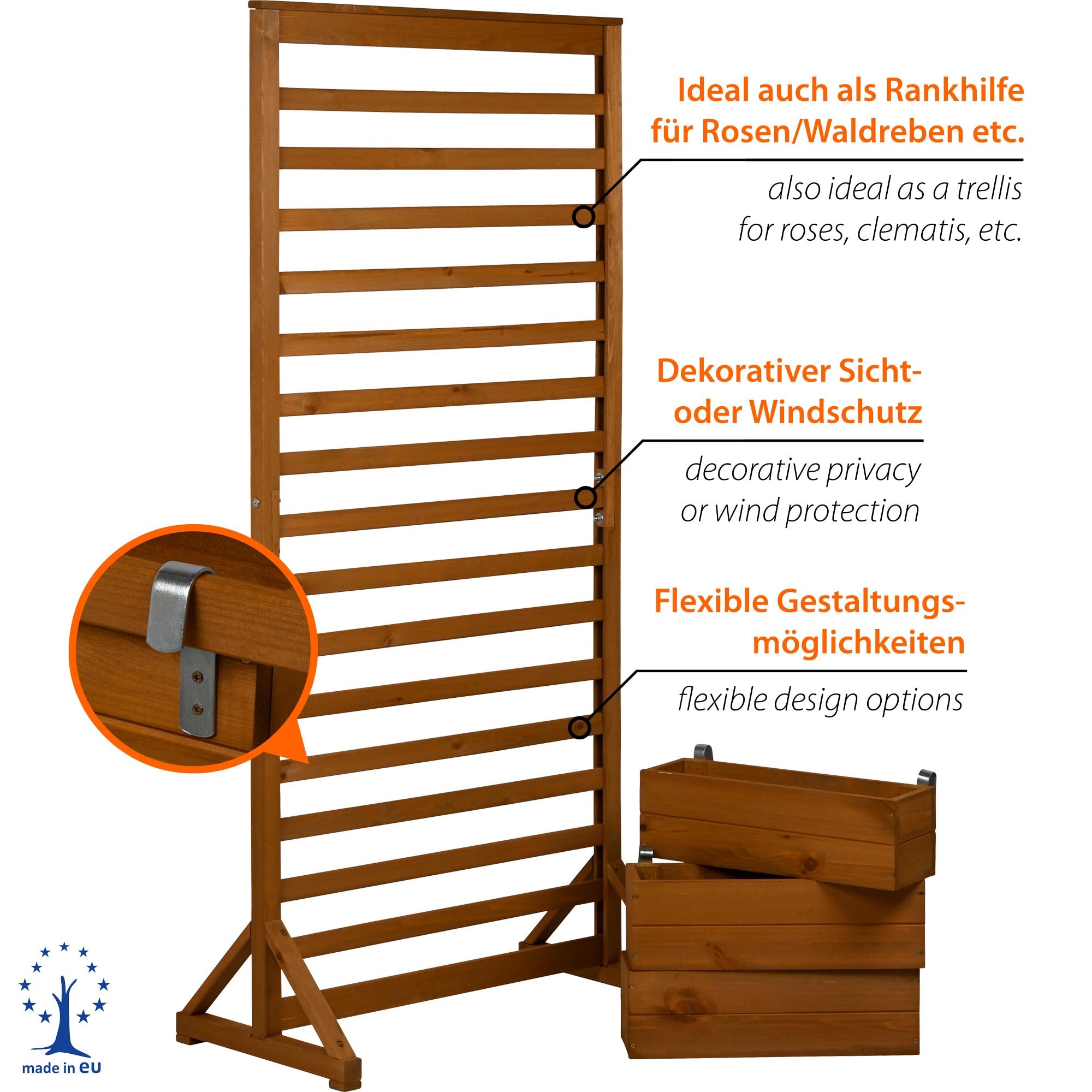 dobar® Holz Paravent Rankgitter mit Pflanzkästen - freistehende Spalierwand als Sichtschutz & Raumteiler für Garten, Balkon & Terrasse - Rankhilfe für Kletterpflanzen mit 3 Blumenkästen - 75 x 40 x 16