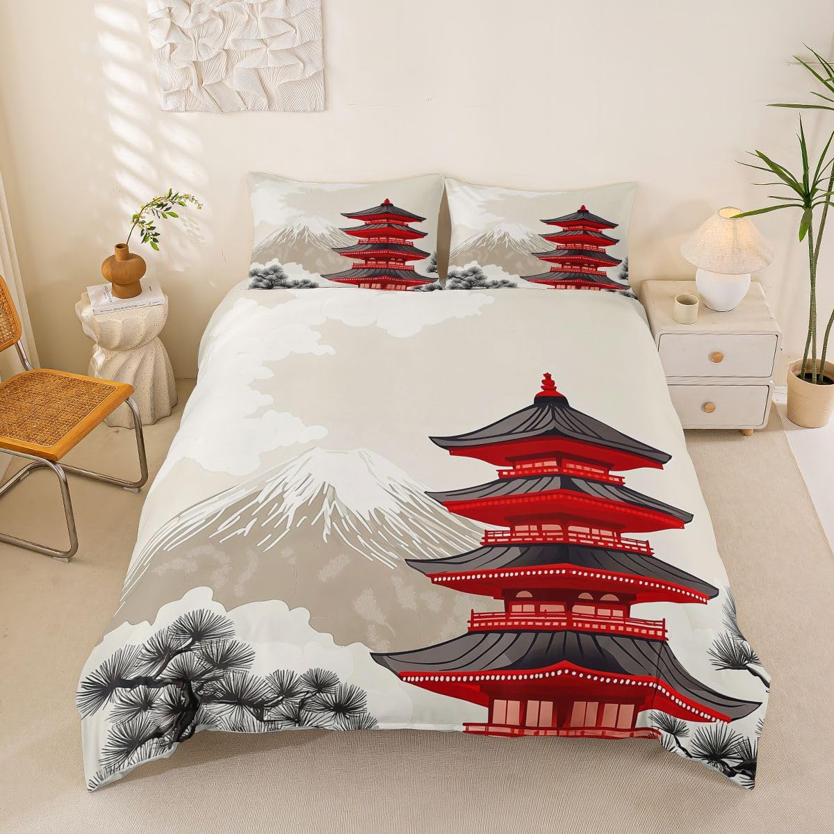 Homewish Mount Fuji King Size Pościel Japońska Wieża Poszwa Na Kołdrę Zestaw Azji Japonia Drzewo Czerwony Budynek Kołdra Poszewka Naturalny Krajobraz Zestawy łóżek