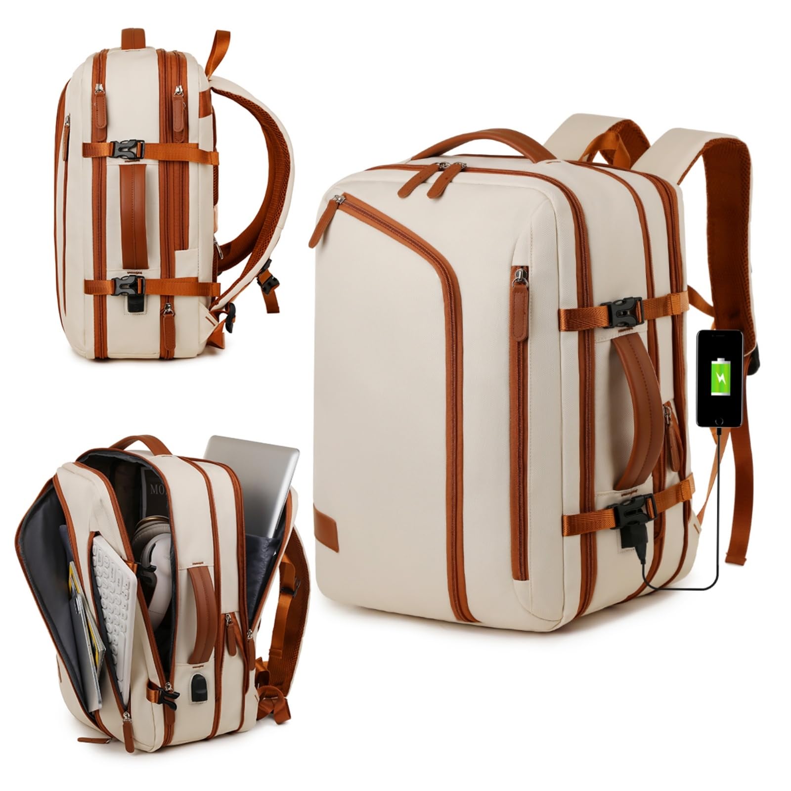 Zaino da Donna per Laptop di Grande capacità, Viaggio in Stile Semplice Affari, Lavoro E Uso Quotidiano-Beige