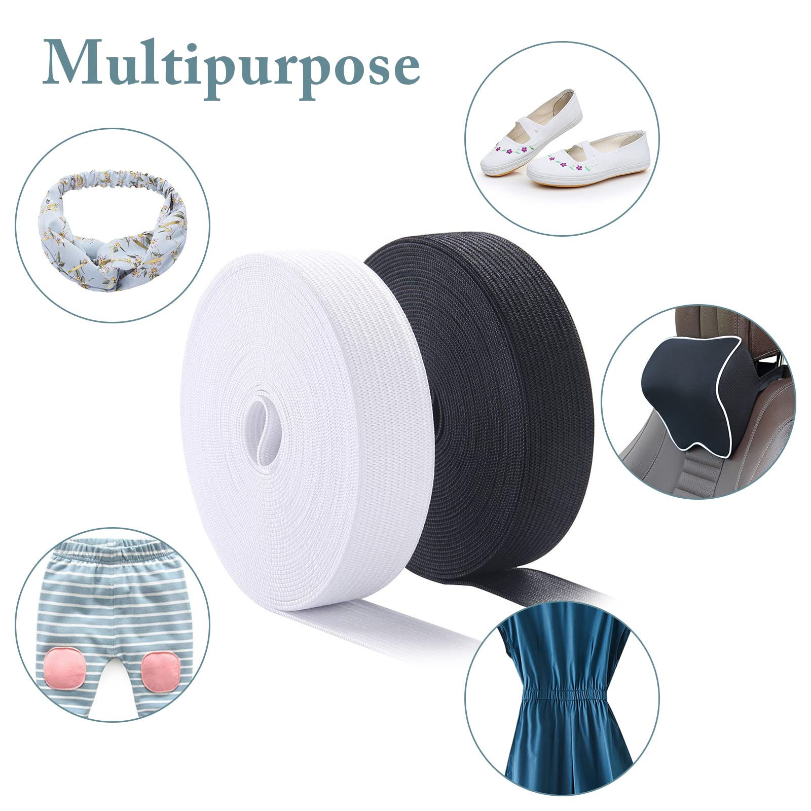 Kaiyaya Banda Elástica Ancha 30mm X 10m (2 Rollos: Negro Y Blanco) | Cinta De Goma Para Coser, Cinturilla Pantalones, Elástico De Poliéster Y Látex