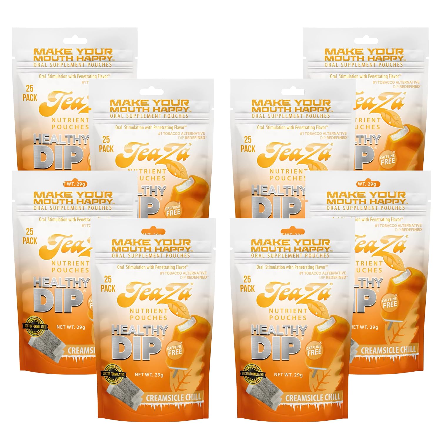 Teaza Herbal Energy Pouches Tobacco Alternative Nicotine Free Dip, Smokeless Alternative Snuff Healthy Chewing Dipping Creamsicle Chill (8 Pack) Premium Flavored Tobacco Free Chew