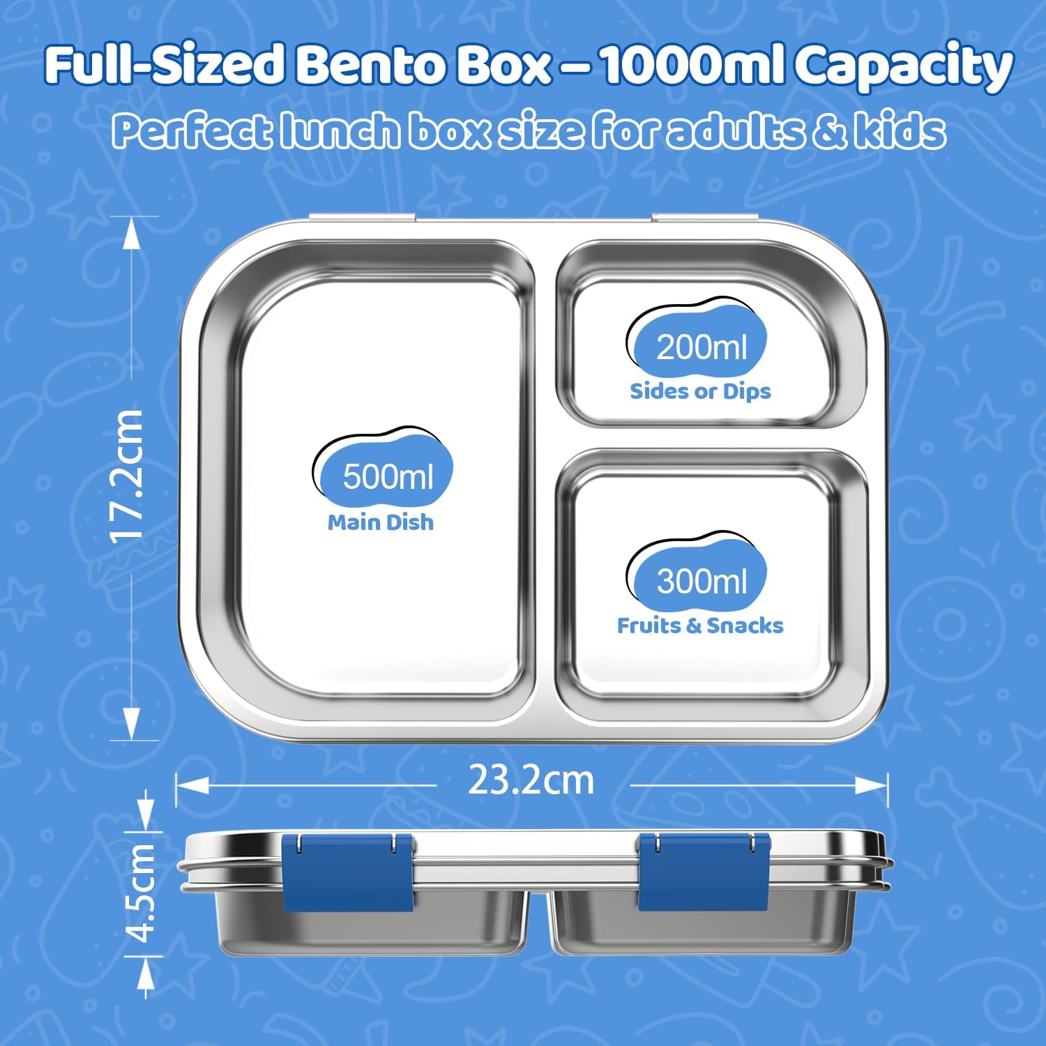 Stainless Steel Bento Box for Kids 1000ml - 3 Compartment Lunch Box for Adults, Leakproof Food Container, BPA-Free Metal Lunch Box with Silicone Seal, Eco-Friendly/Dishwasher Safe (Blue)