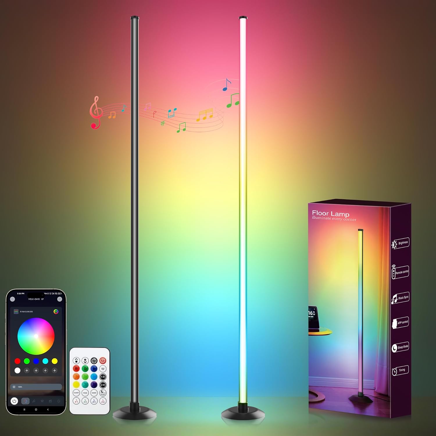 Led Corner Floor Lamp USB Powered with App & Remote Control, Color Changing Led Lamp Music Sync IC+RGBW, Timer, 64+ Music Modes, Standing Lamps for Living Room Lamp Bedroom Gaming Room, 2 Pack