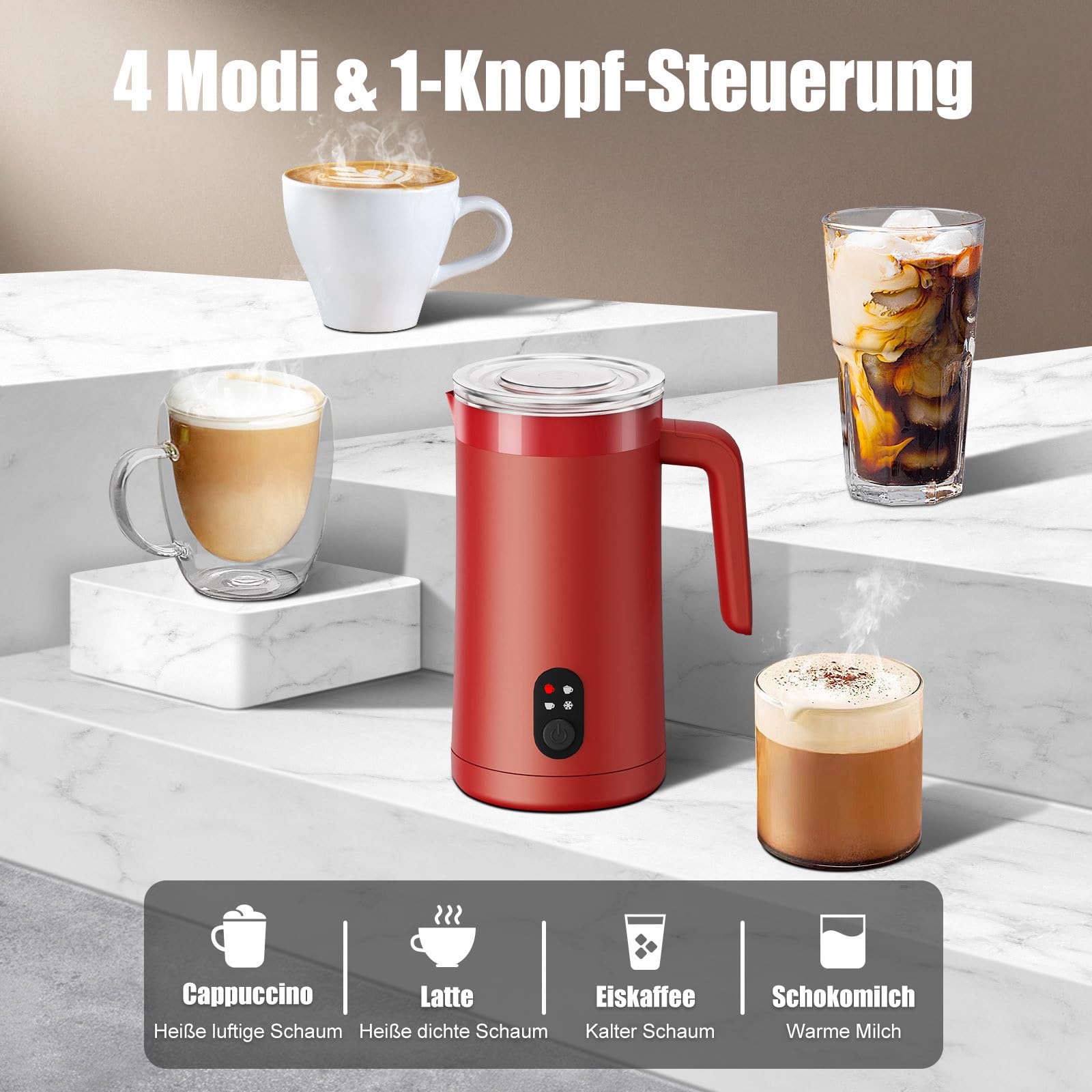 Milchaufschäumer, 400 ml Milchaufschäumer Elektrischer 4-in-1 für Heißen und Kalten Milchschaum, Automatische Abschaltung Kaffee Aufschäumer für Latte, Macchiato, Cappuccino(Rot)
