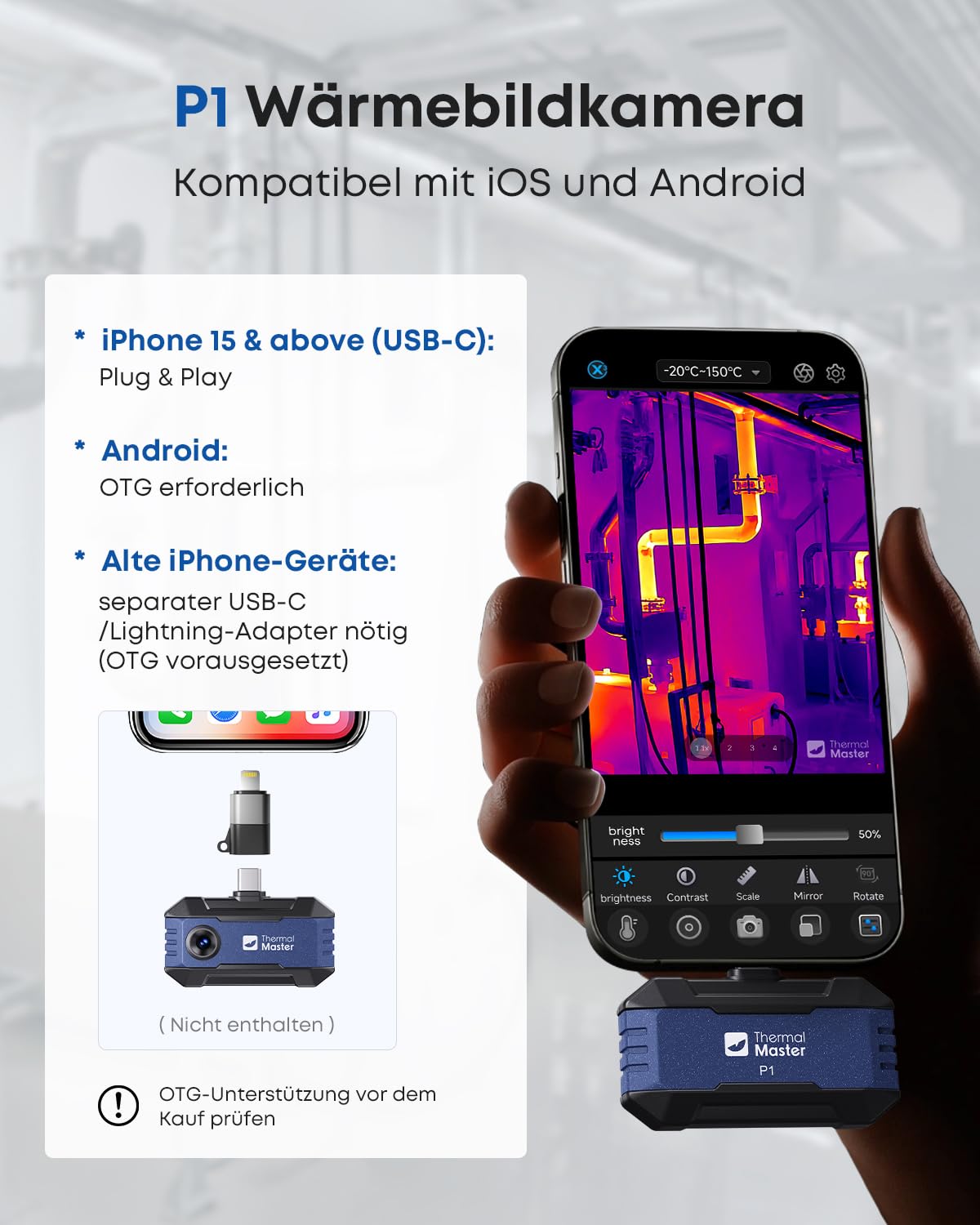 Thermal Master P1 kamera termowizyjna do USB-C iPhone i Android, 320 x 240 X³, ulepszona rozdzielczość IR, od -20°C do 600°C, 15-krotny zoom, 25 Hz, kamera na podczerwień do instalacji domowych, HVAC