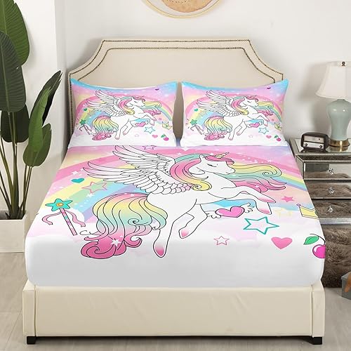 Juego de sábanas bajeras de unicornio arcoíris, tamaño Queen, juego de ropa de cama de caballo de dibujos animados, juego de sábanas con purpurina