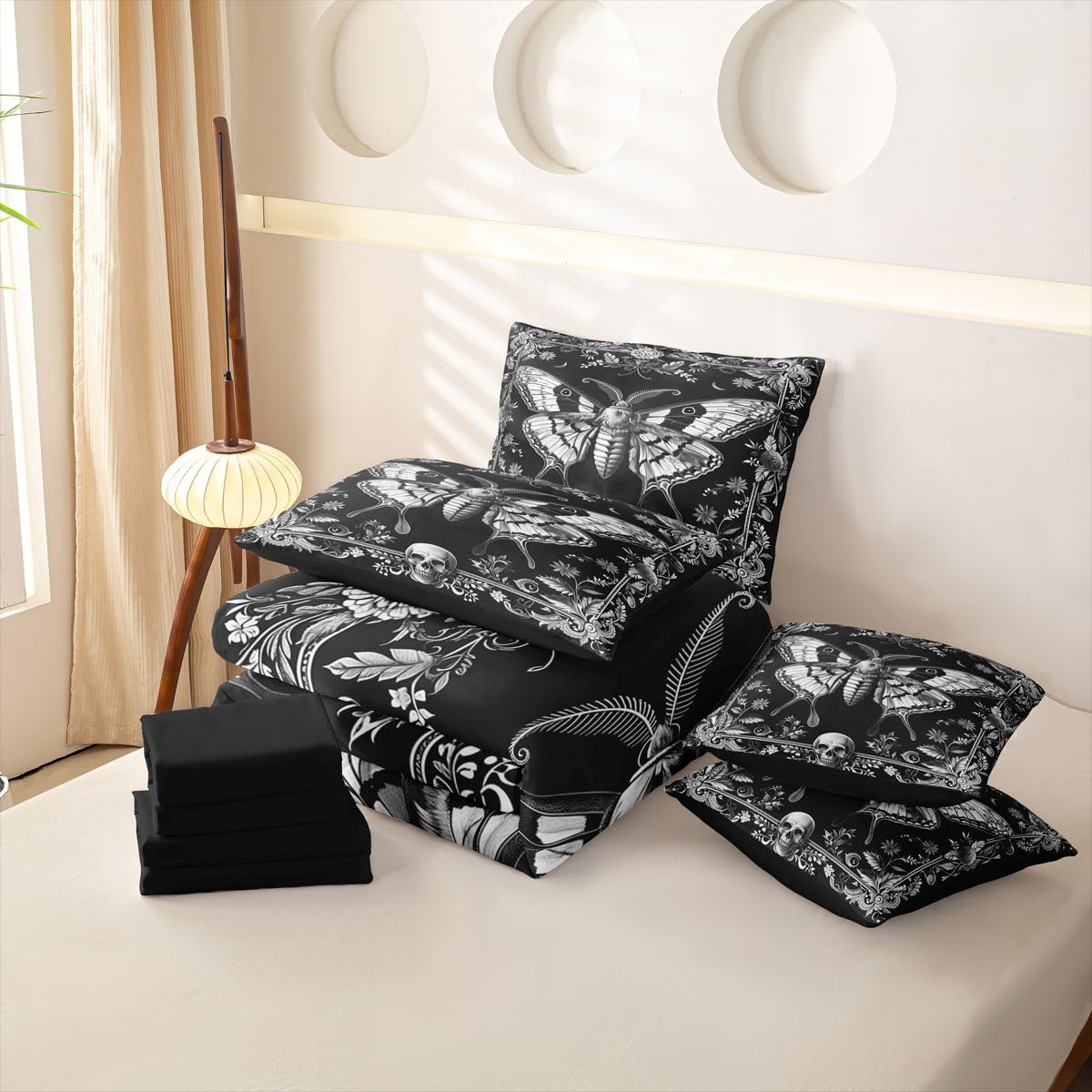 Loussiesd Juego de funda de edredón para cama individual de 7 piezas, color gris y negro, con sábanas, para niños, niñas, polilla de la muerte, cama en una bolsa, decoración de habitación, microfibra