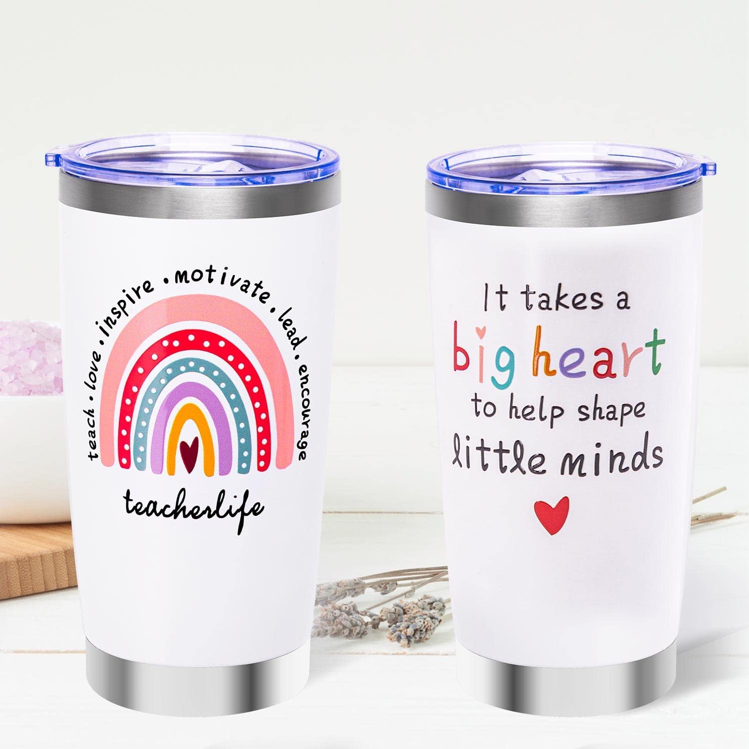 Teacher Appreciation Gift Set - Back to School Basket for Women - 20 oz Tumbler, Bookmarks, Ceramic Pen Holder, Apple Keychain, Pouch Bag (White)