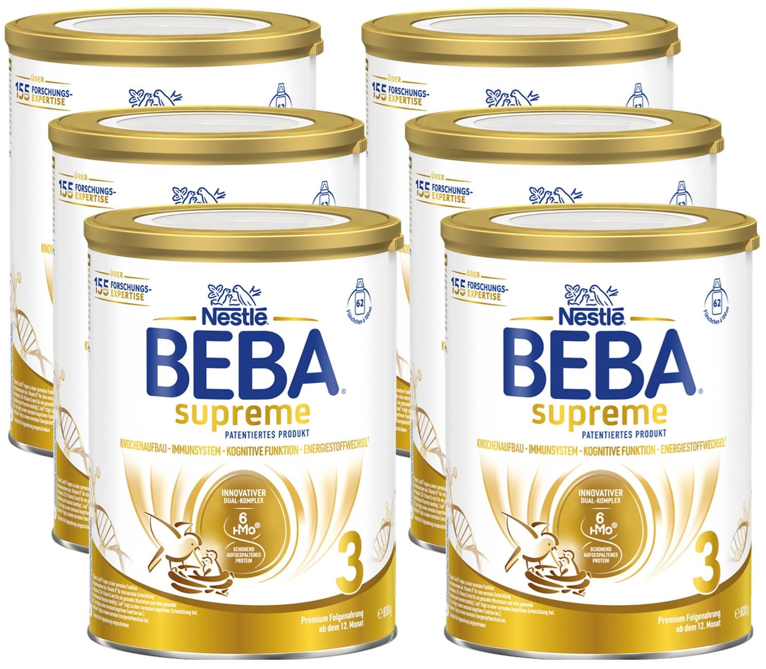 BEBA SUPREME 3 Folgemilch ab dem 12 Monat, Babynahrung mit 6 HMO Komplex, nur Laktose, ohne Palmöl, 6er Pack (6 x 830g)