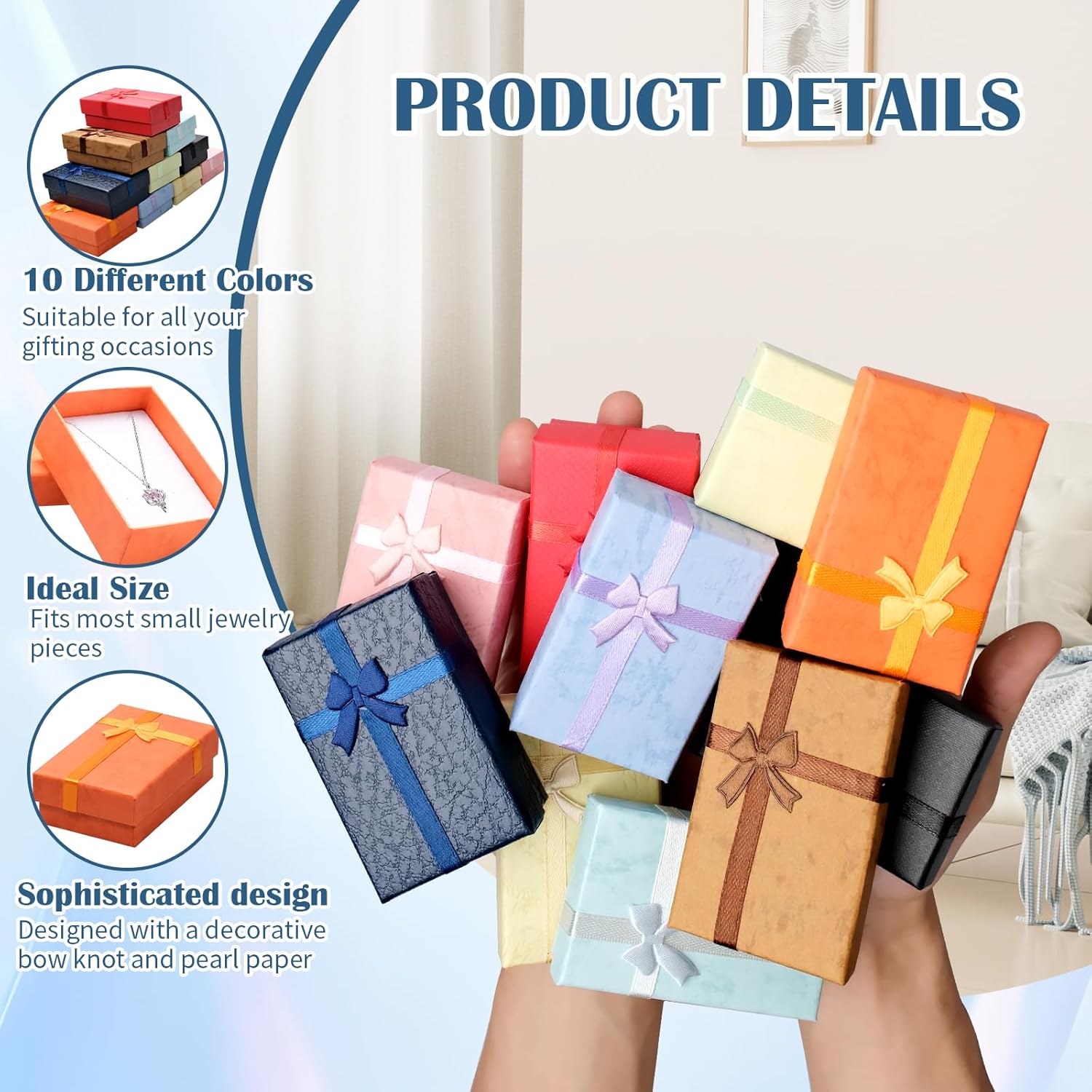 TANEMUDO 200 Pcs Jewelry Gift Boxes Set with Ribbon Bowknot 10 Colors Empty Small Gift Cardboard Boxes for Anniversaries, Weddings, Birthdays