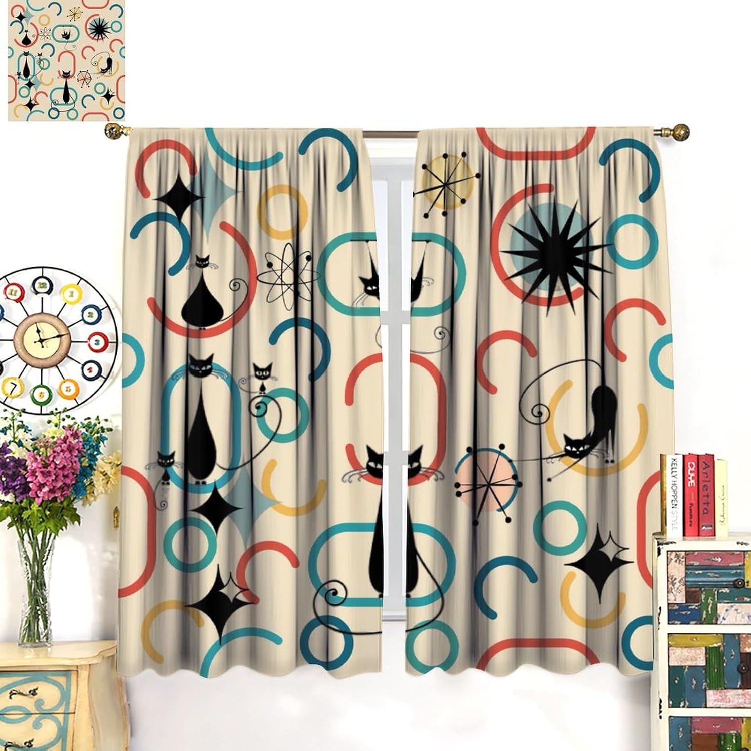 70s Vintage Curtains, Modern Abstract Geometric Lines Black Cat Boho Print Blackout Rod Pocket Window Treatments Drapes for Bedroom Living Room Kitchen Home Decor42x63in