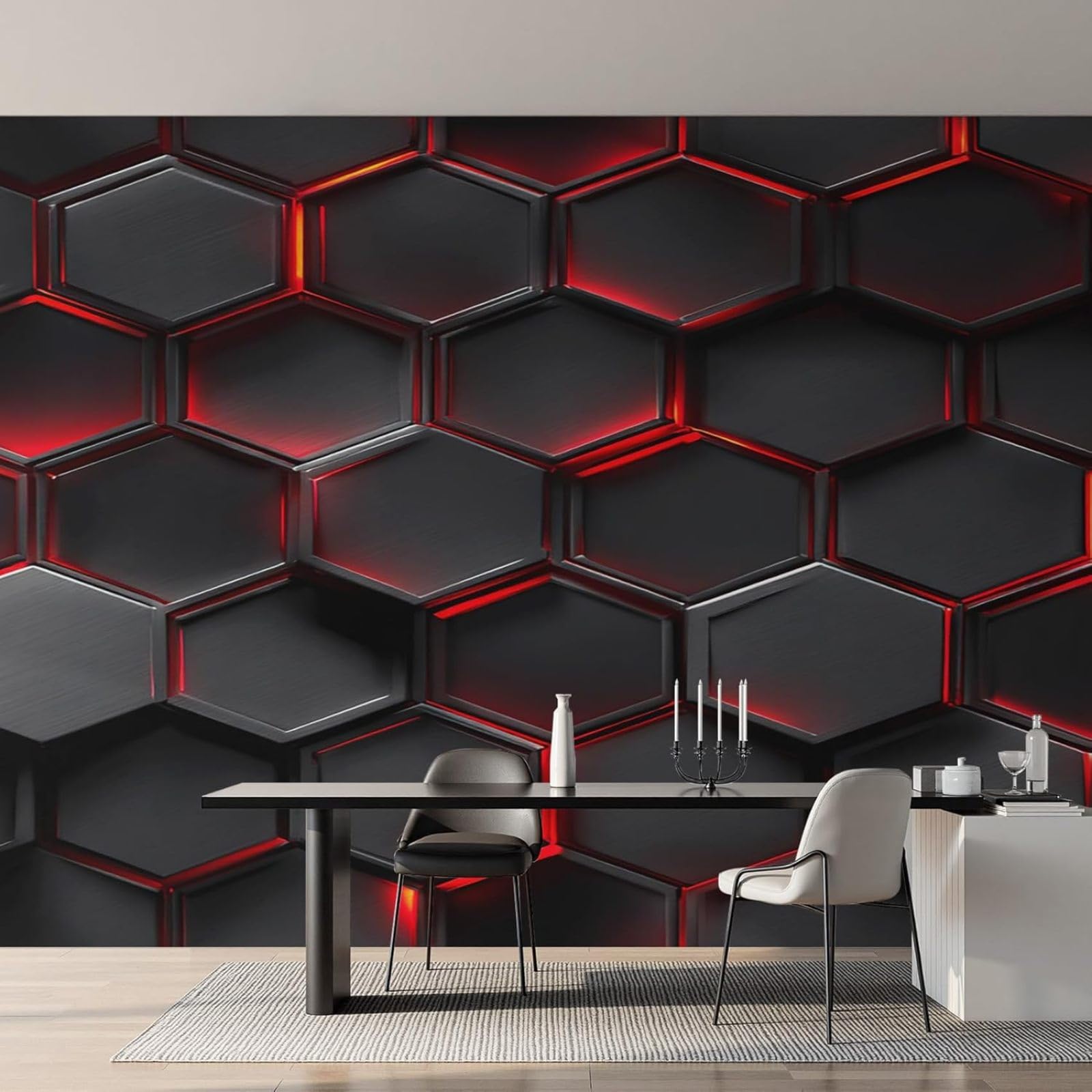 Papel pintado fotográfico hexagonal negro y rojo, papel pintado no tejido con diseño geométrico de panal, mural de pared para salón y dormitorio, 400 cm x 280 cm.