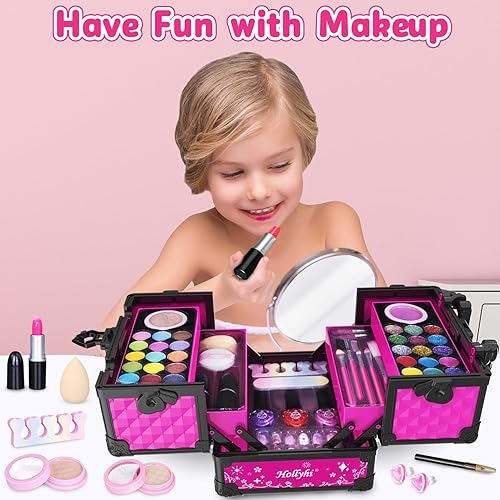 Miniatura 16 de Hollyhi Juego de 59 piezas de maquillaje para niñas, juego de juguetes de maquillaje lavables para disfrazarse, juego de tocador de belleza