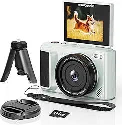 Câmera digital 4K com tela flip de 2,8 polegadas 180° para vlogging - Câmera compacta Camara Fotografica fácil de transportar para viagens | Zoom digital de 16X, cartão de 64 GB, bateria de