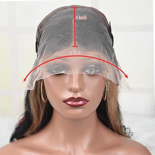 Miniatura 6 de Peluca de cabello humano con reflejos rubios rojos y negros, pelucas de cabello humano con encaje frontal transparente de 13 x 4 pulgadas,