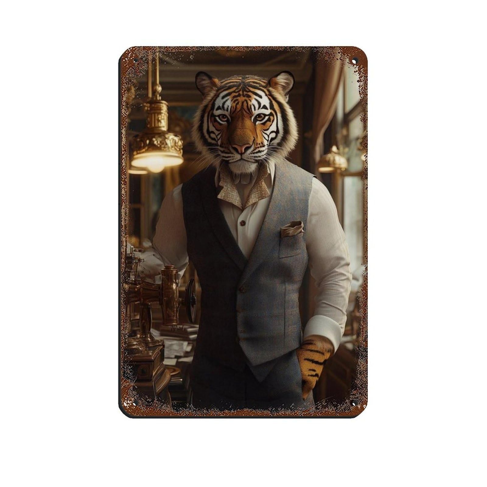 Lxwnze 20L X 30W Cm Majestic Tiger In Suit, Steampunk Tiger Tin Sign Vintage Metal Pub Club Cafe Bar Home Wall Art Decoration Poster Retro 8X12inch(20X30cm)