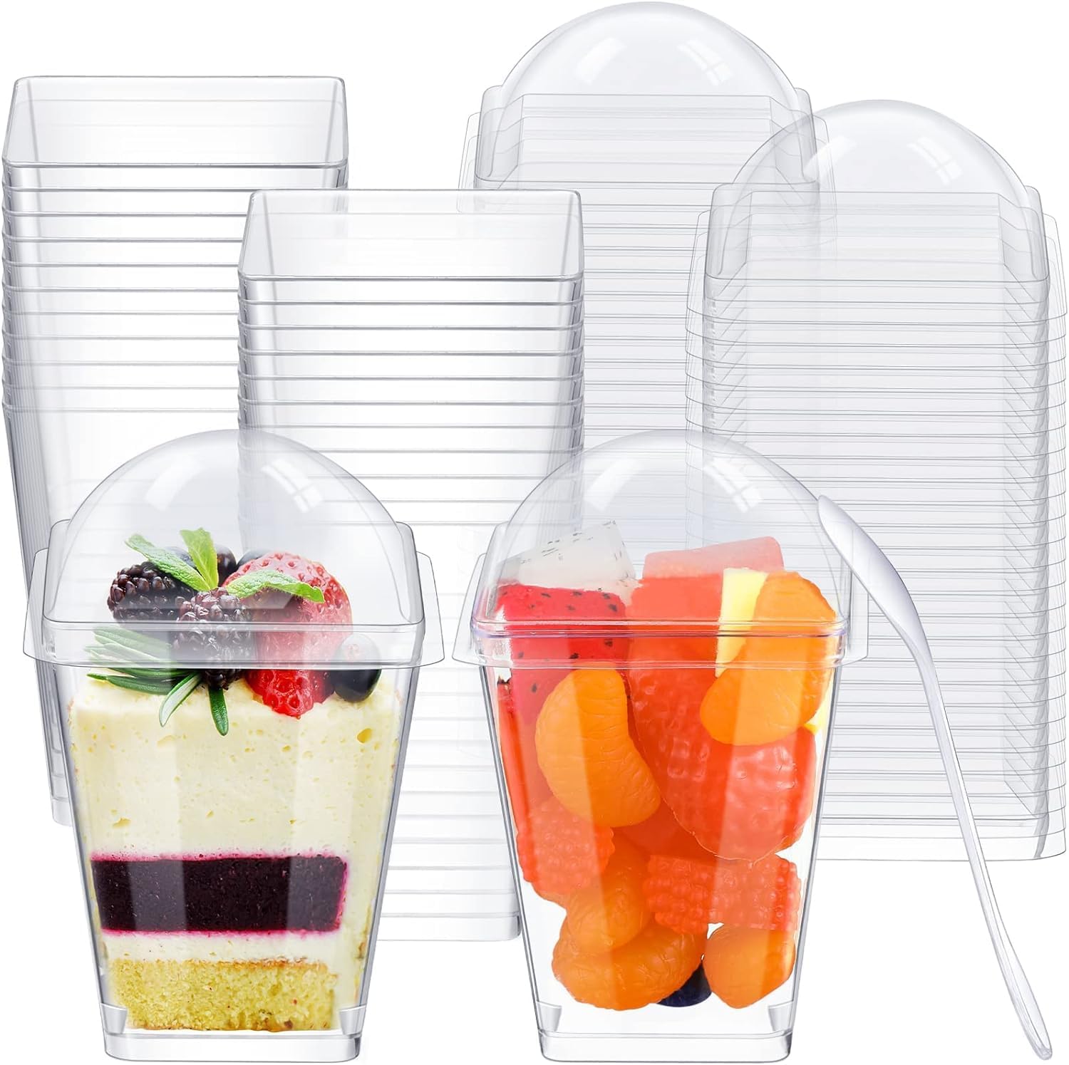 KAHEIGN 50Pcs Plastic Dessert Cups with Lids and Spoons, 150ml Square Dessert Cups Clear Parfait Appetizer Cup Reusable Serving Bowl for Dessert Pudding Mousse Party (7.5cm x 5.5cm)