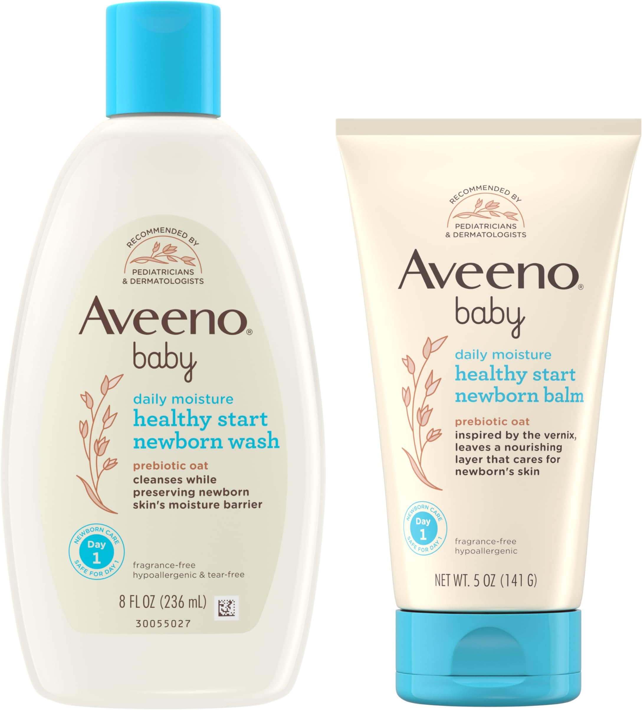 Bundle of Aveeno Baby Healthy Start Newborn Wash, Hypoallergenic Baby Body Wash with Prebiotic Oat, Fragrance-Free, 8 fl. oz + Newborn Balm, Baby Skin Balm with Prebiotic Oat , Fragrance-Free, 5 oz