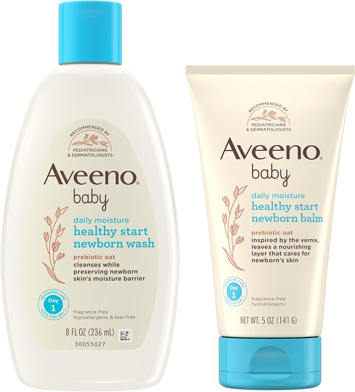 Bundle of Aveeno Baby Healthy Start Newborn Wash, Hypoallergenic Baby Body Wash with Prebiotic Oat, Fragrance-Free, 8 fl. oz + Newborn Balm, Baby Skin Balm with Prebiotic Oat , Fragrance-Free, 5 oz