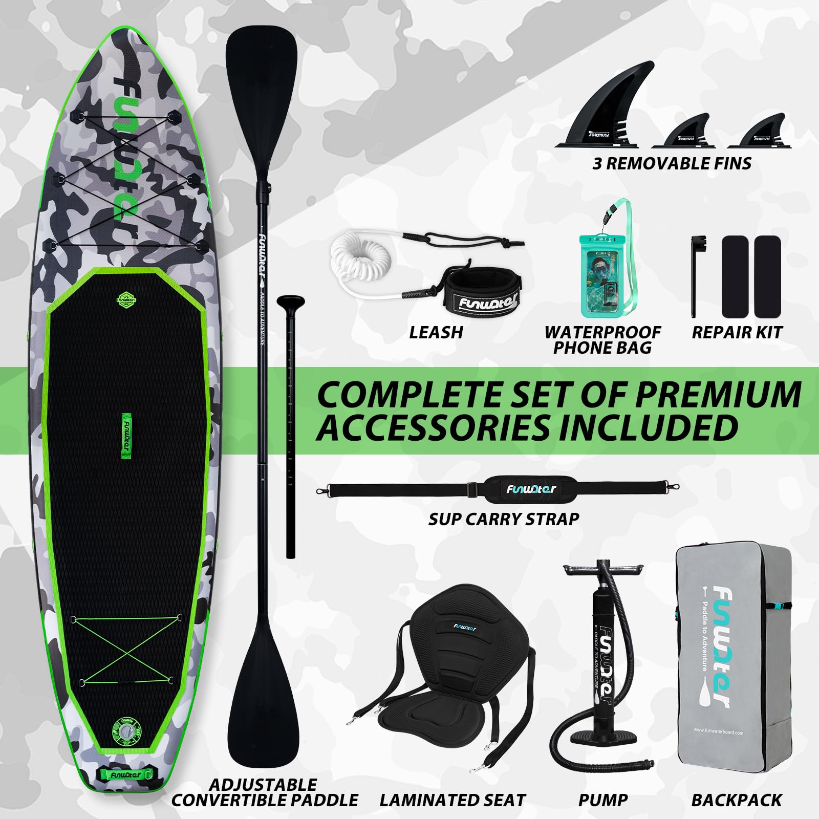 FunWater 10'6"–11'6" SUP Board, aufblasbares Stand-Up Paddle Board für alle Könnensstufen, ideal für Einsteiger & Familien, mit Anti-Rutsch Eva-Deck, Paddel, Pumpe & komplettem Zubehör