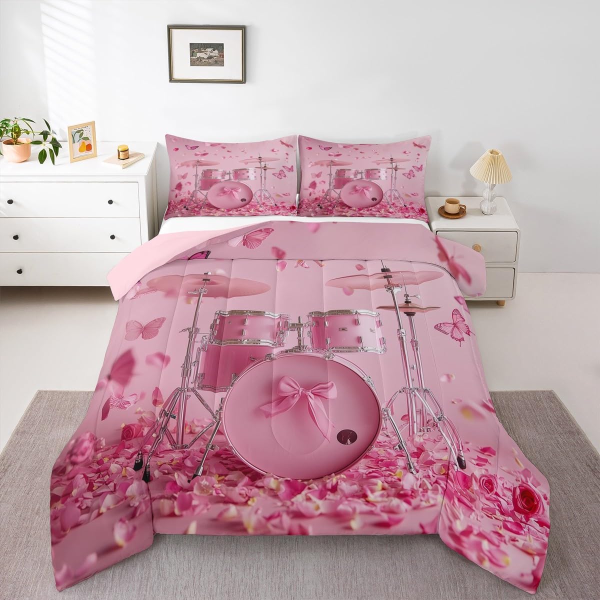 Erosebridal Pink Drum Kit Comforter Set Romantic Rose Floral Bedding Set Twin Size Modern Pop Musical Instrument Comforter Pink Butterfly Duvet Quilt for Kids Adults