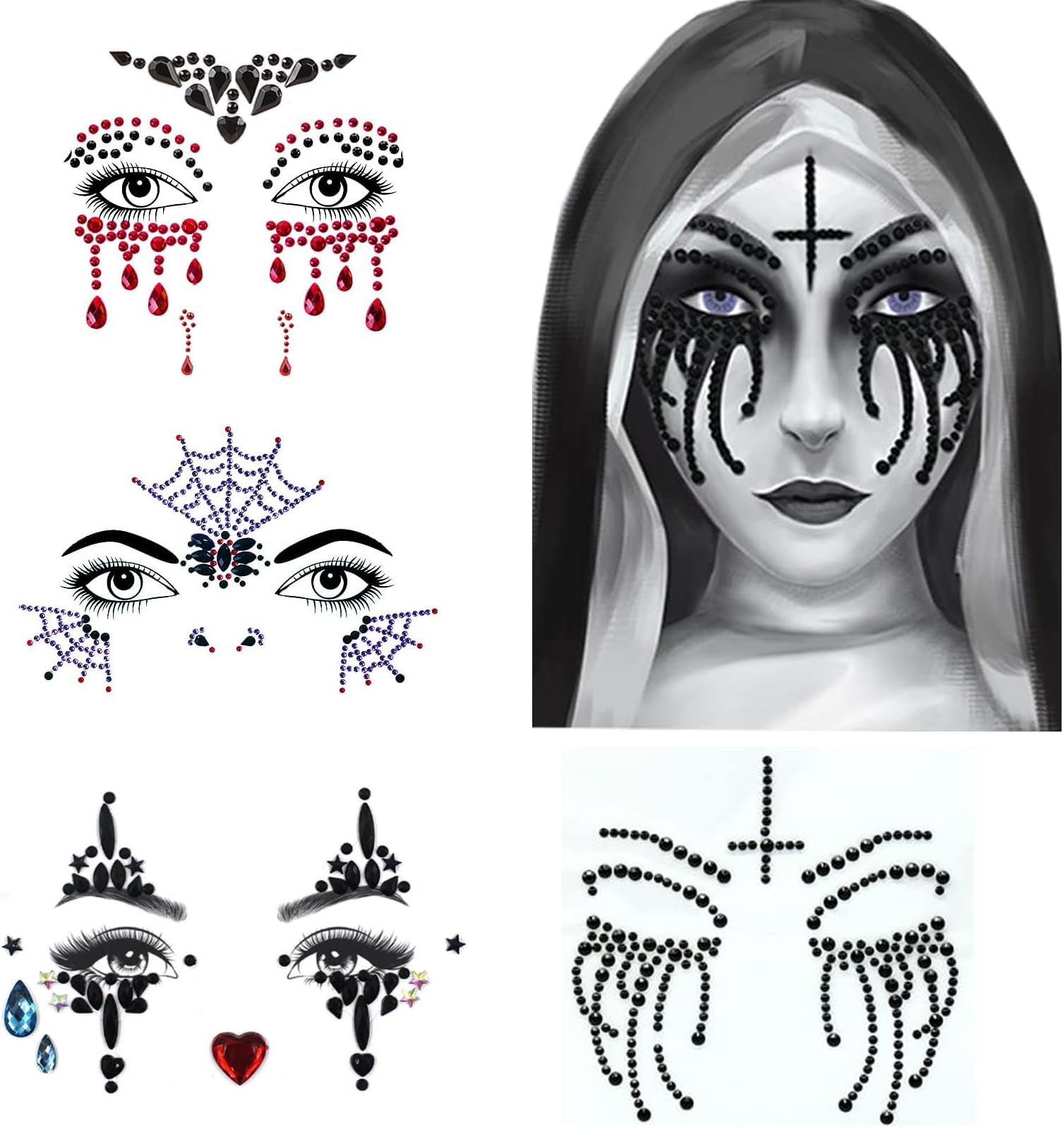 Halloween Face Gems Jewels,Day of the Dead Skull Spider Web Clown Rhinestone Face Tattoo Stickers for Men Women Kids Halloween Cosplay Makeup