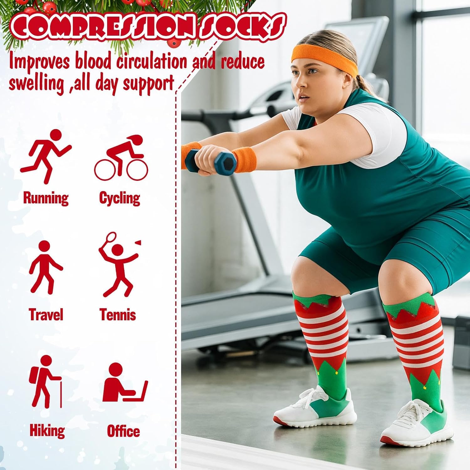 Suhine 4 Pairs Plus Size Christmas Compression Sock 3 XL Xmas Knee Long Calf Sock Stocking Gift for Women Nurses Men - Image 6