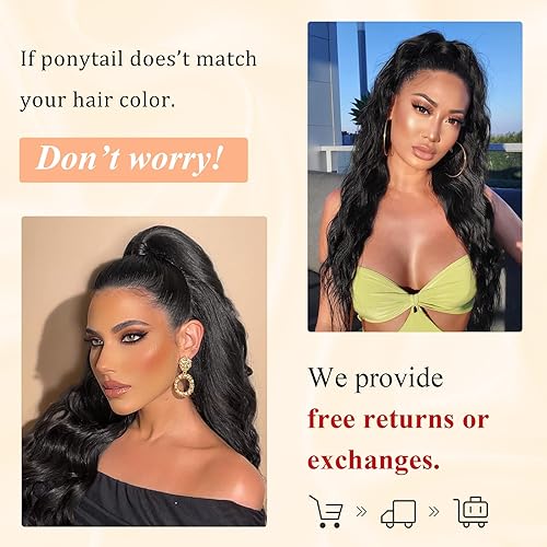 Miniatura 4 de Vigorous Extensión de cola de caballo, extensión de cola de caballo negra de 26 pulgadas para mujer, extensión de cabello sintético largo ondulado