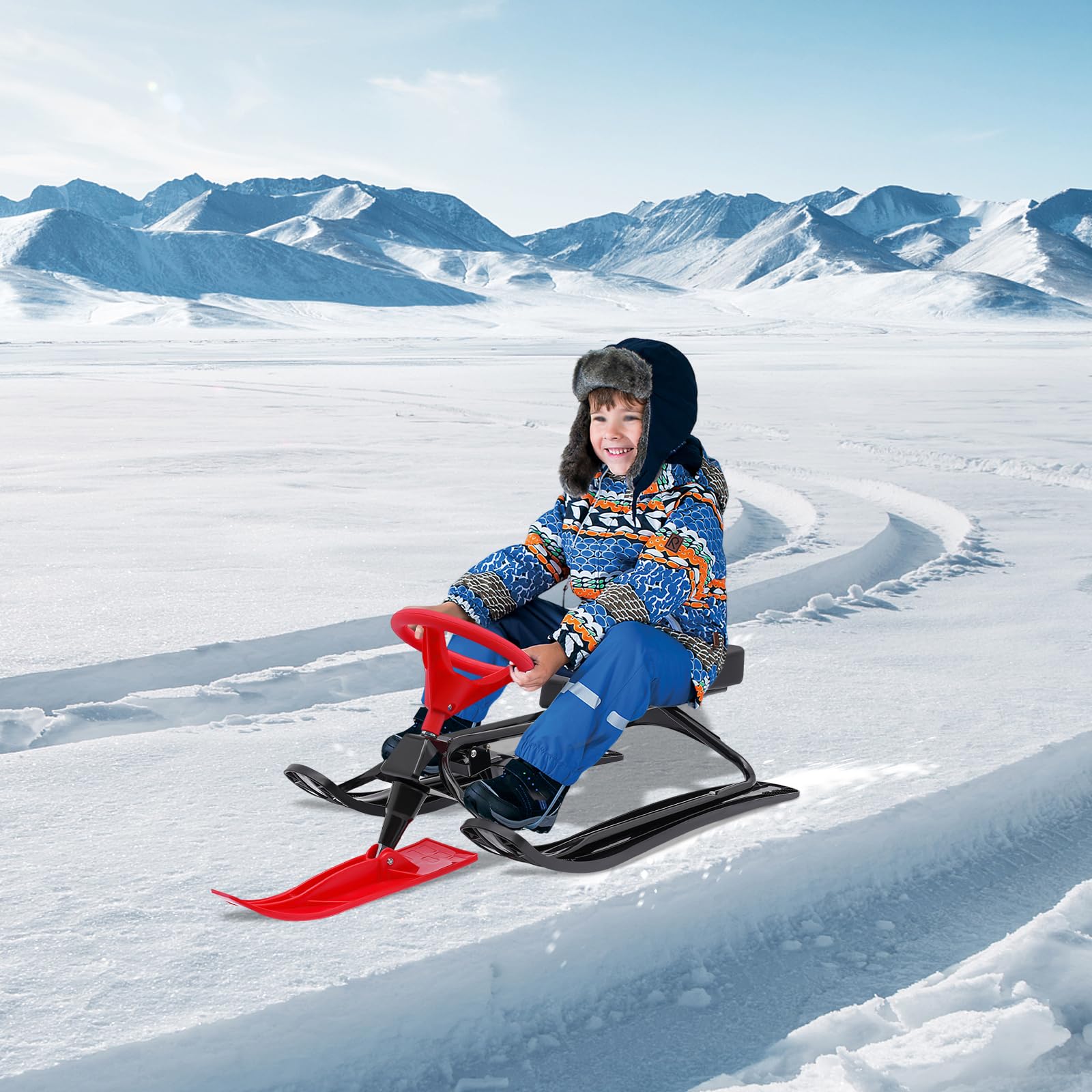 Lenkschlitten für Kinder, Schlitten mit Lenkrad, Doppelbremsen & 100 kg Tragkraft, Robuster Outdoor-Rodler für Ski, Schnee & Sand, ab 3 Jahren