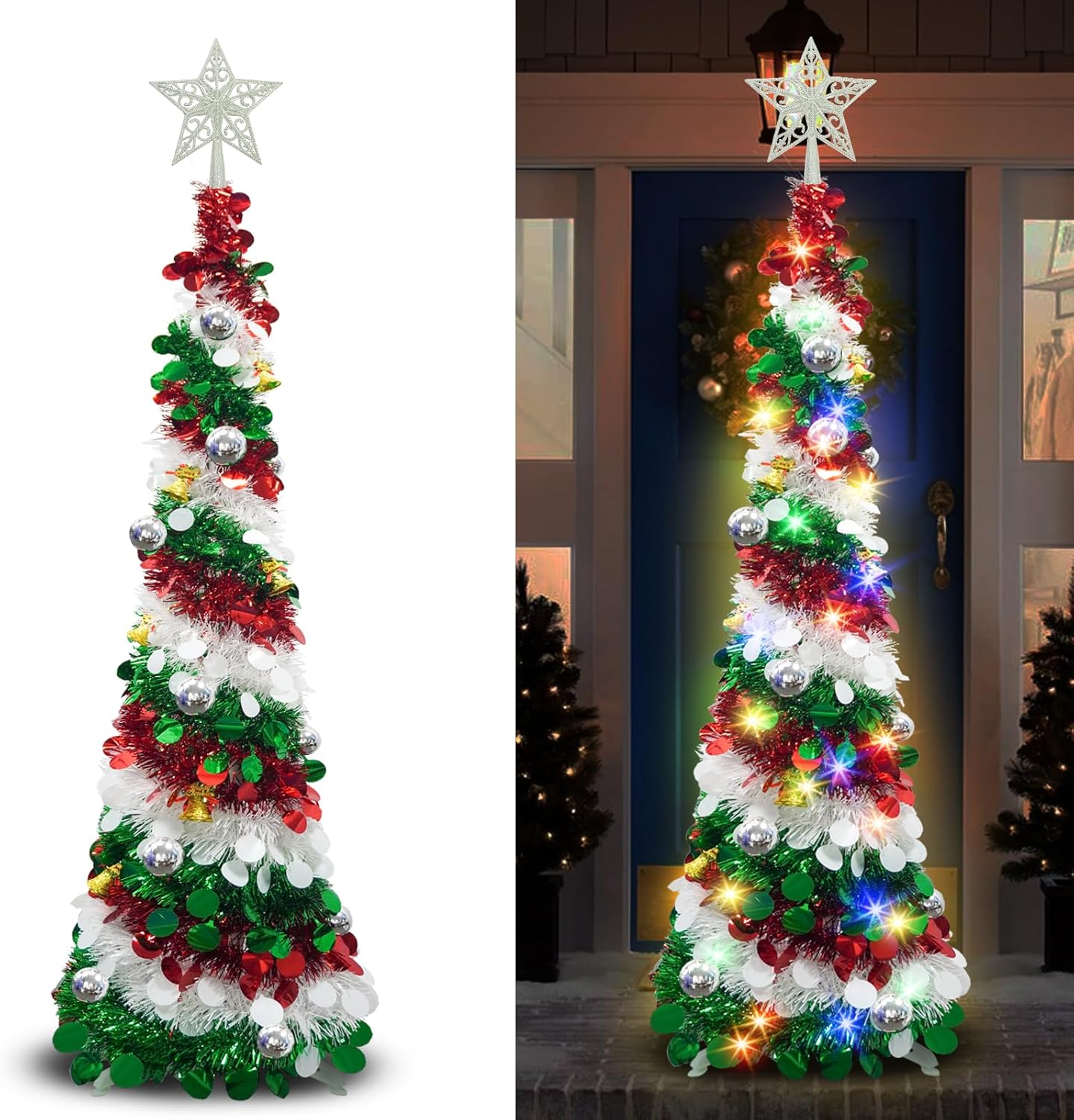5FT Pop Up Tinsel Christmas Tree with 60 Lights Timer - Colorful Collapsible Artificial Pencil Christmas Tree for Home Indoor Outdoor Xmas Holiday Party