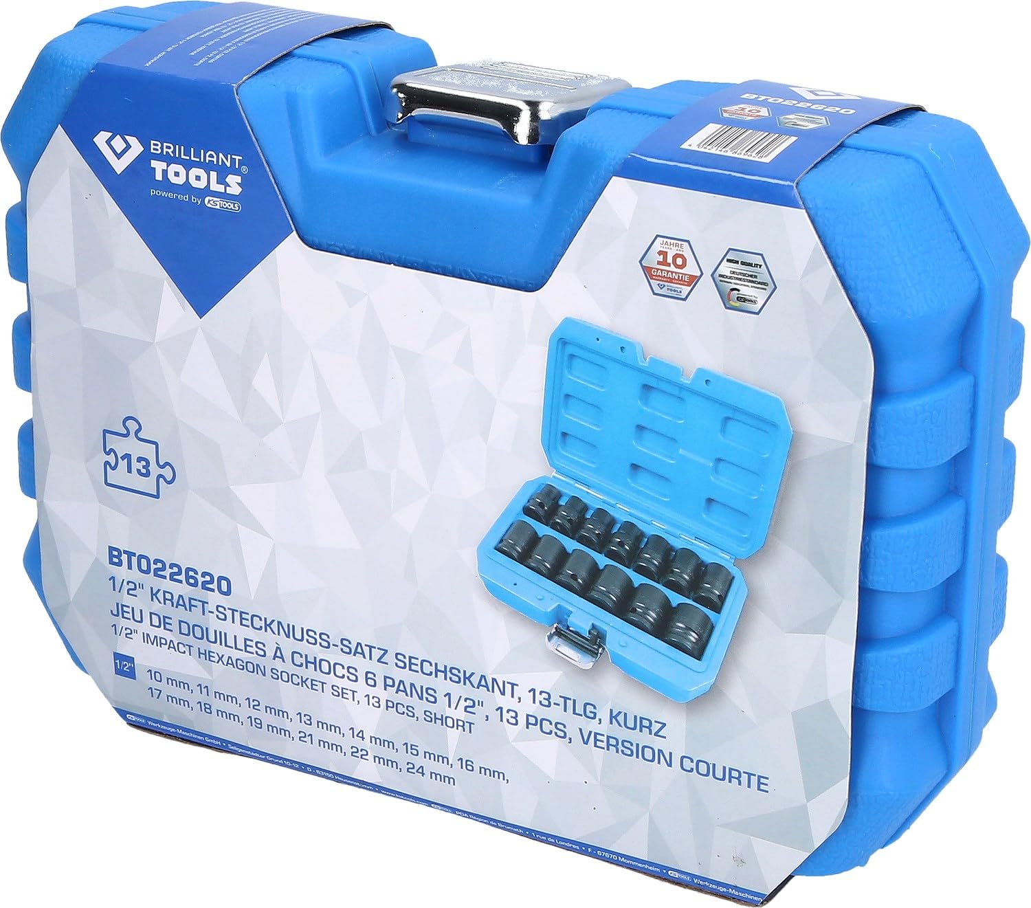 BRILLIANT TOOLS BT022620 Juego de llaves de vaso de impacto hexagonales 1/2", 13 pzs, cortas [Powered by KS TOOLS]