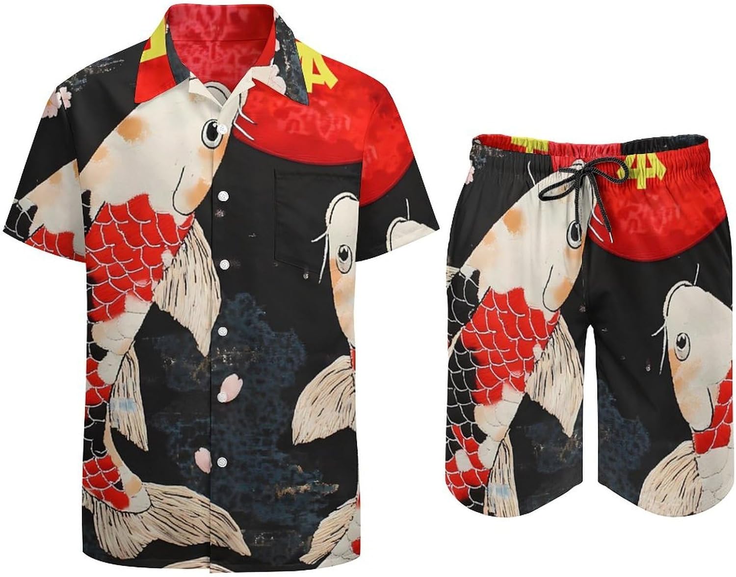 Japanese Fishes Japan Red Sun Men's Summer Beach 2 Piece Outfits | hawaiian button down shirt and shorts,vacation cruise,mens bathing suit