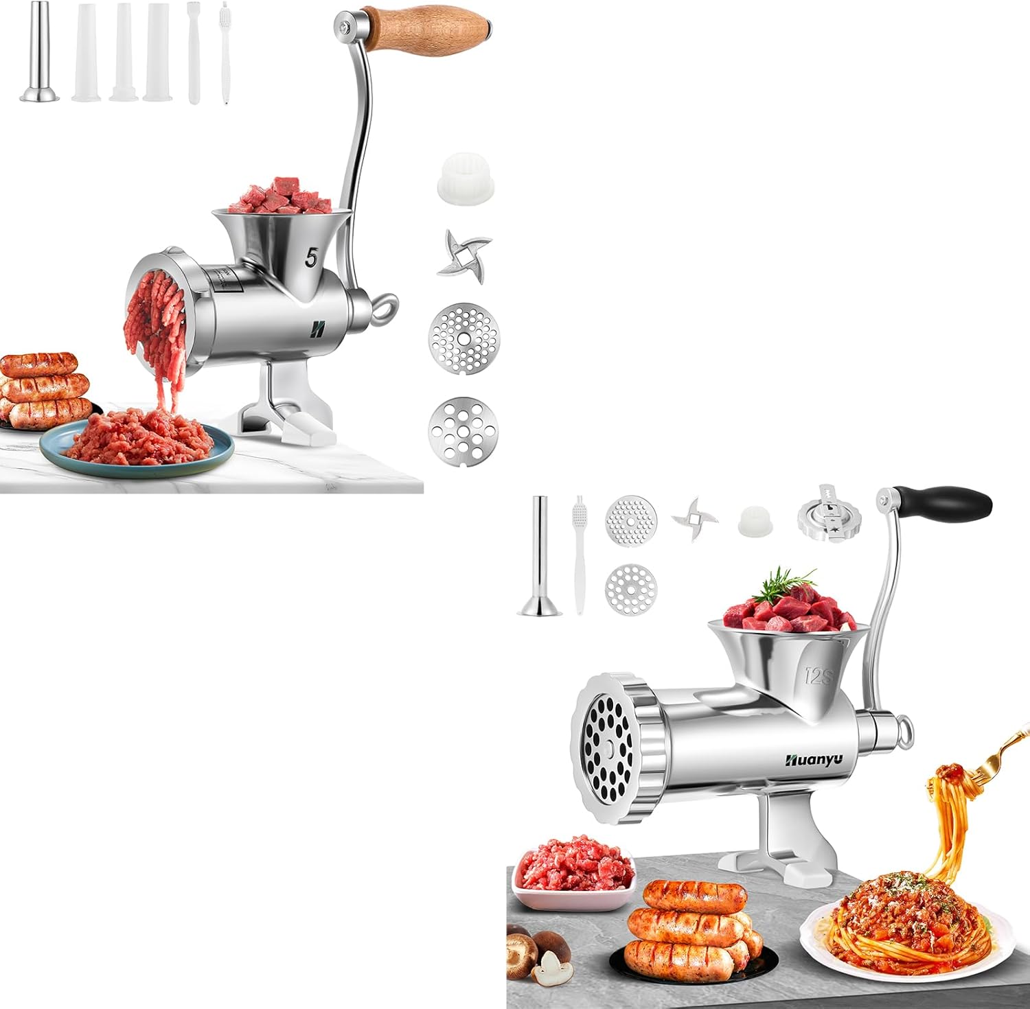 Huanyu HZ5 Meat Grinder Manual Stainless Steel Meat Mincer and Huanyu Manual Meat Grinder with Biscuit Making Accessories (NO.12s) Bundle