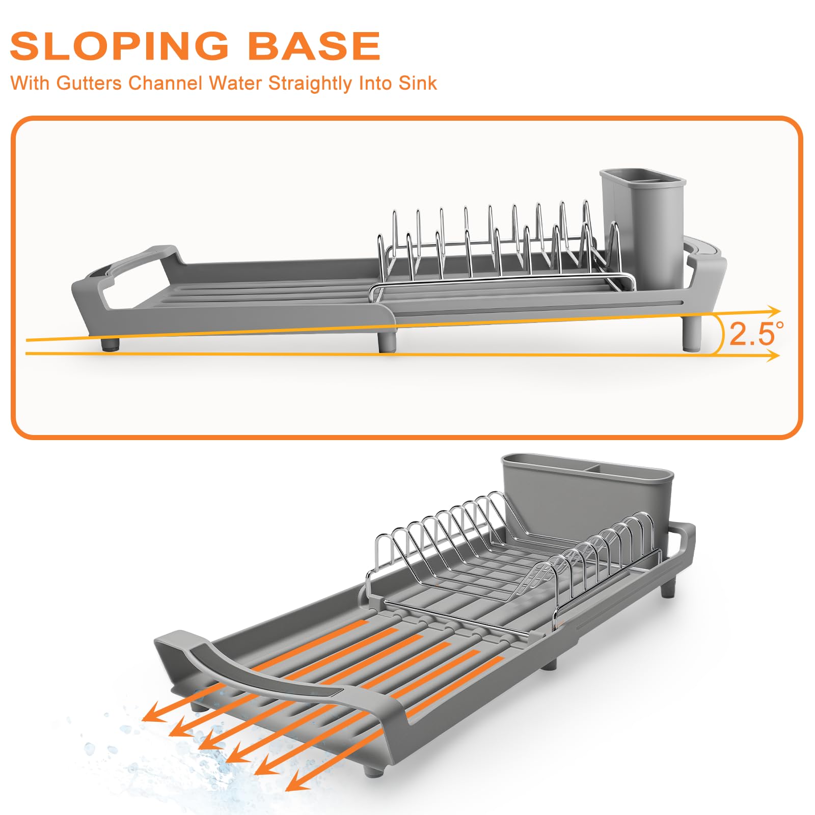 Scolapiatti compatto espandibile, salvaspazio, in acciaio inossidabile, resistente alla ruggine, per piani di lavoro e appartamenti, mobile da lavello, allungabile da 29 a 50 cm (grigio)