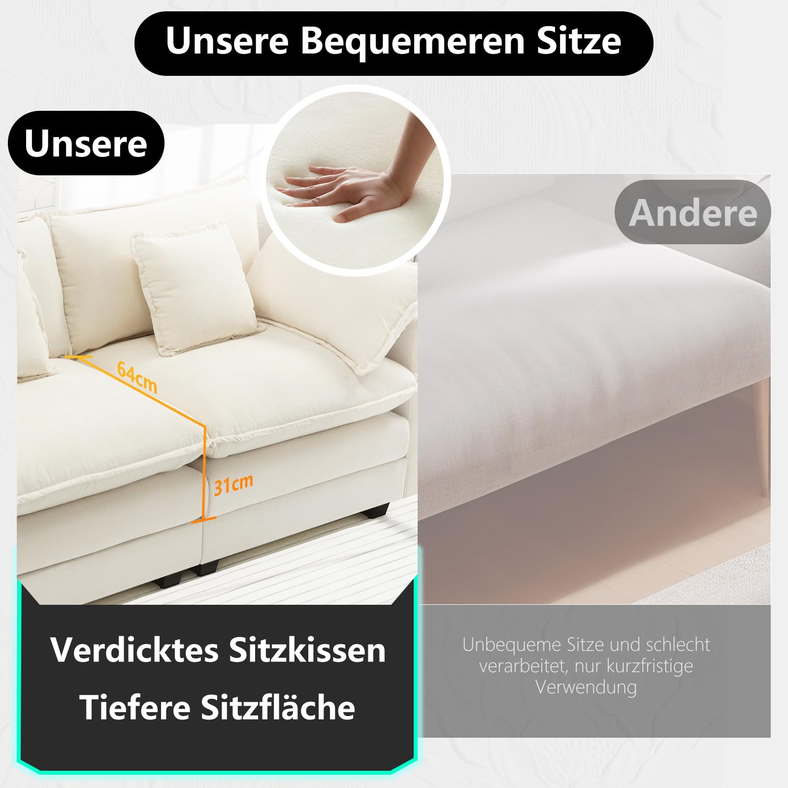 Urhanherry U-Form Cloud Sofa, Modulares Sektionssofa 6-Sitzer mit 2 Ottomanen, Modernes Sofa mit Dekokissen/Armlehnen, Atmungsaktivem Chenille-Stoff, U Sofa Couch für Wohnzimmer, Beige