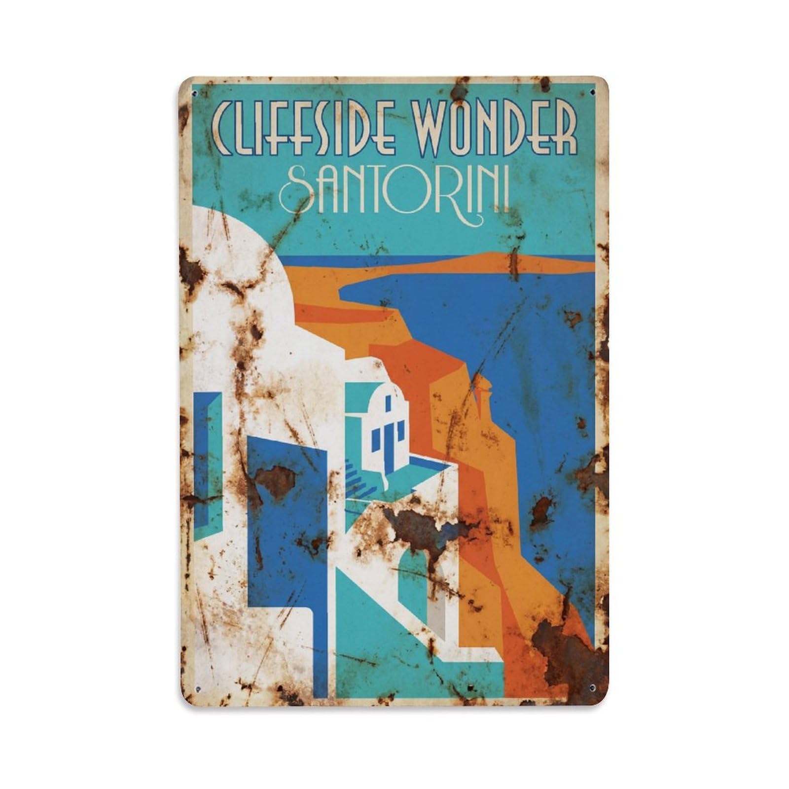 Gead 8X12inch Style Vintage Travel Santorini Cliffside Wonder Metal Tin Sign