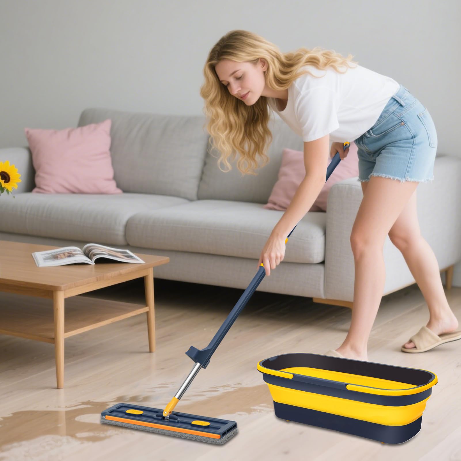 MOP FLAT - SAKER Plus MOP | Herramienta De Limpieza Del Hogar | Fregonas Grandes Planas Con Mango Largo Para Madera Dura, Azulejos, Alfombras, Baño, Garaje, Apartamento,