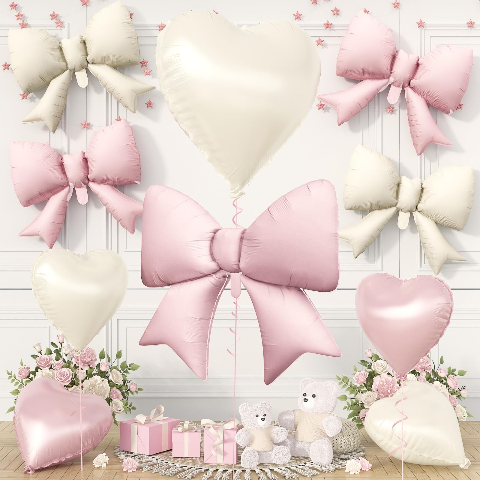 Pink Sand White Heart Balloons, Pink Cream Bow Foil Balloons, 10Pcs 18 Inch 32Inch Heart Shaped Balloon and 38Inch 21Inch Bow Balloon Set for Girls Women Birthday Wedding Bridal Party Decor