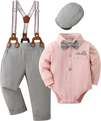 YALLET Baby Boy Clothes Set Infant Tuxedo Long Sleeve Gentleman Suit Outfits + Beret Hat + Suspender Pants + Bowtie 0-18M