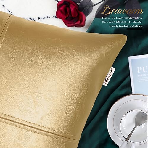 Miniatura 5 de BRAWARM Fundas de almohada de piel sintética de 22 x 22 pulgadas, funda de almohada de cuero dorado, funda de almohada decorativa de cuero cosido a