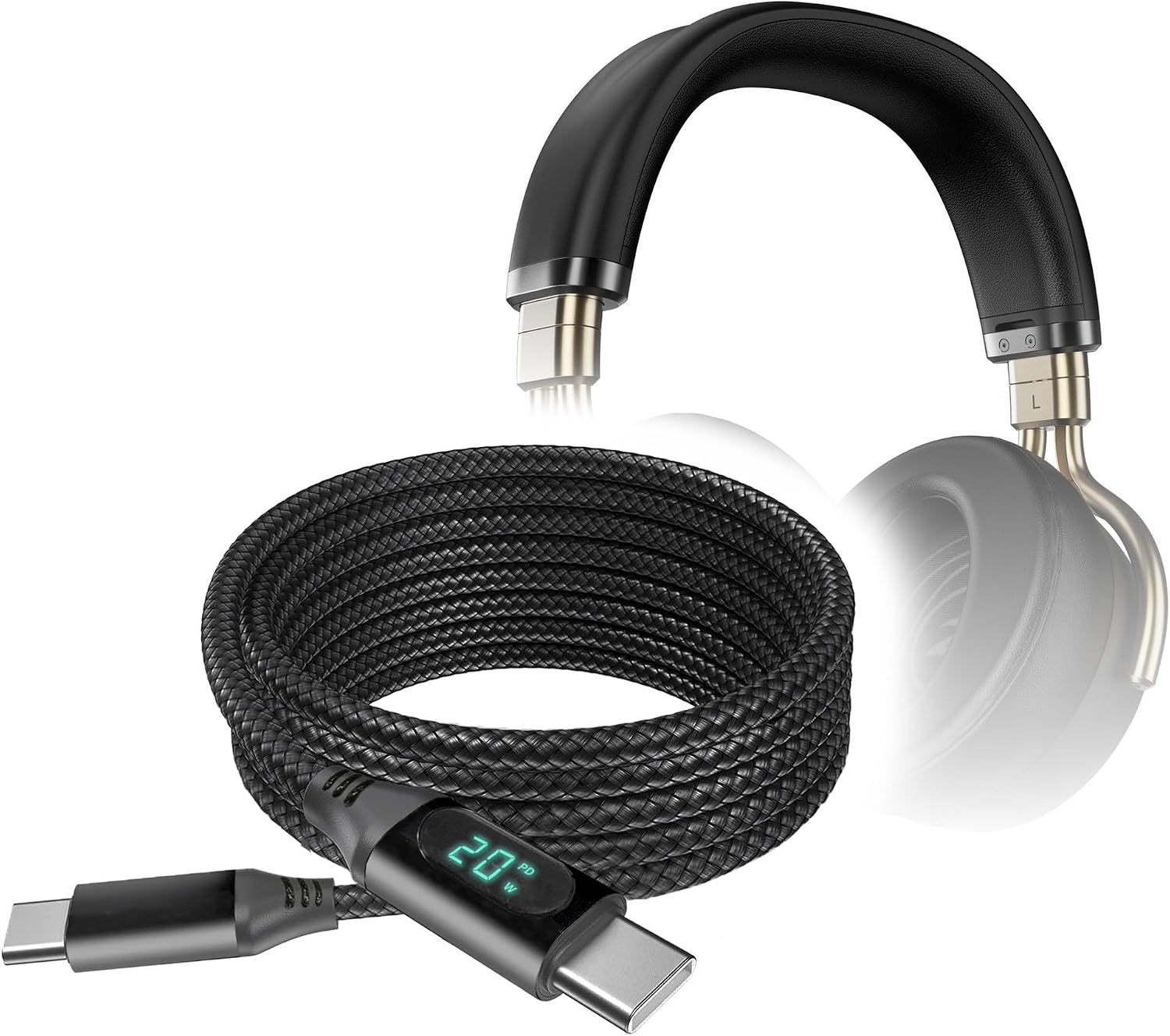 BoxWave Cable Compatible with Zildjian ALCHEM-E Perfect Tune Headphones - PowerDisplay PD Cable (6ft) - USB-C to USB-C (100W), LED Wattage Info Extra Long Braided Nylon - Jet Black