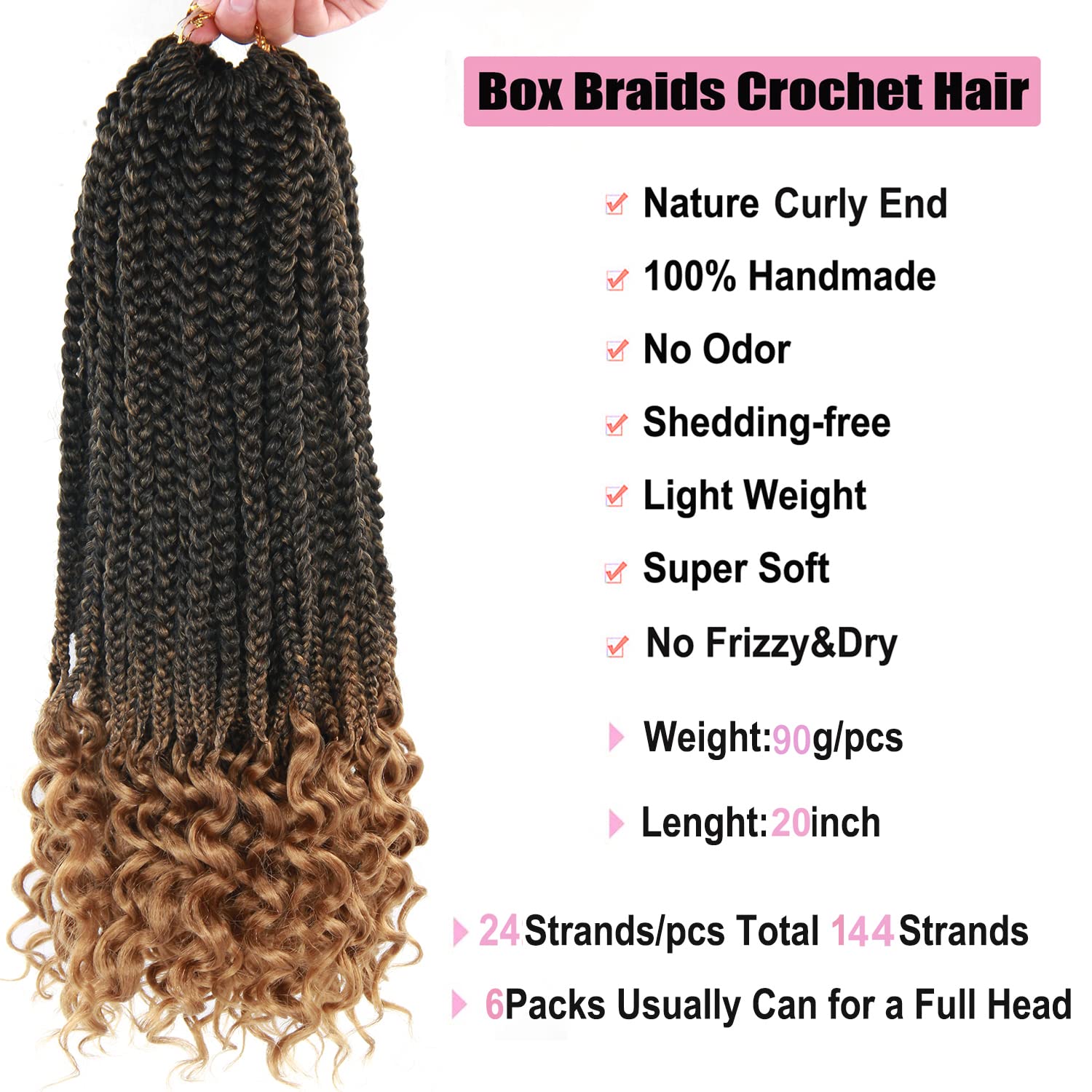 ROSESSEA 6Pcs/Pack Crochet Hair Crochet Box Braids Curly Ends 24 Strands/pcs Ombre Light Brown Crochet Braids 20 Inch Box Braid Crochet Hair For Women (20inch, 1B/27#)