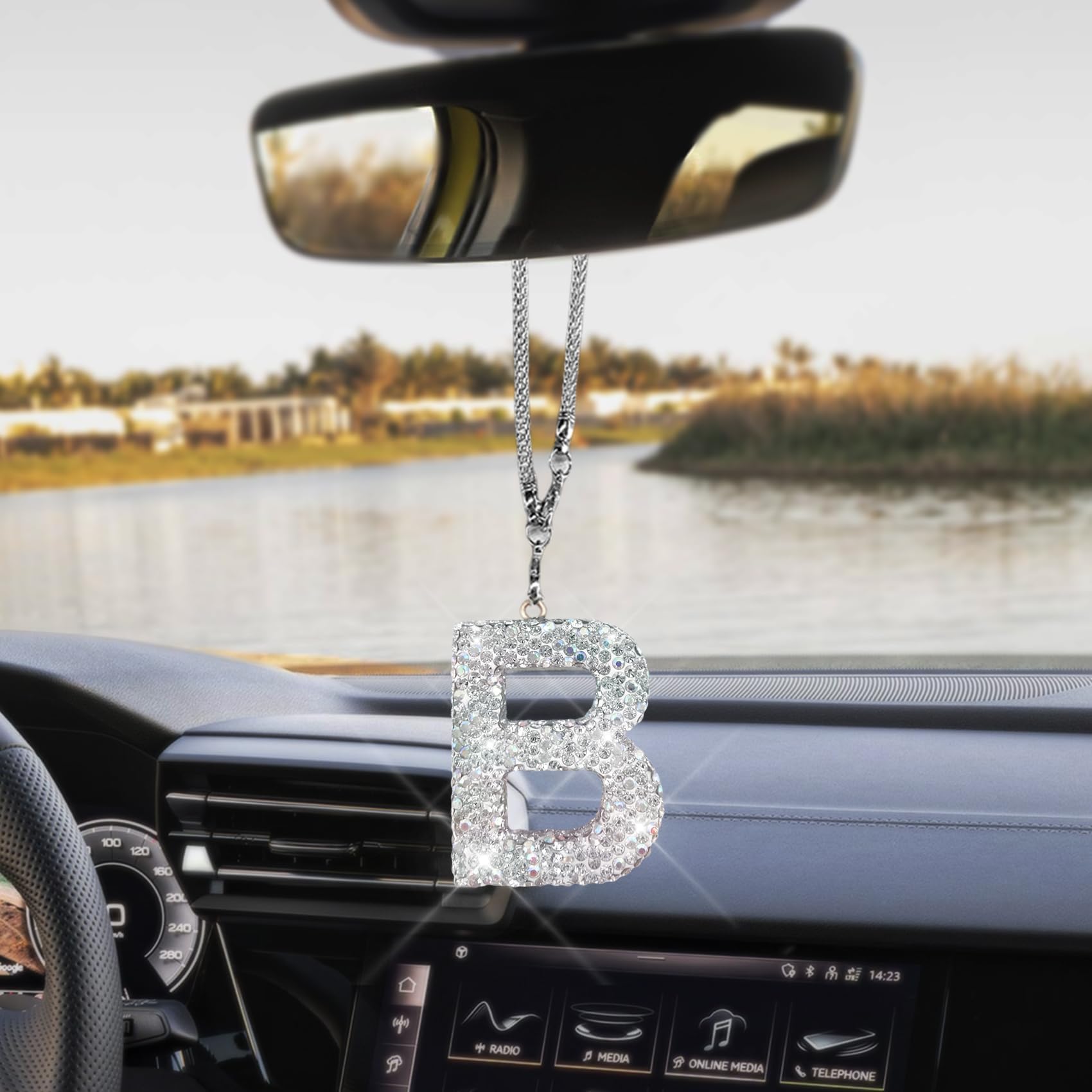 Bling Car Letter Charm, Rearview Mirror Hanging Accessories, Auto Crystal Letter Charm Pendant, Initial Car Rear View Mirror Decoration Hanging Crystal Ornaments for Women Girls (Letter B)